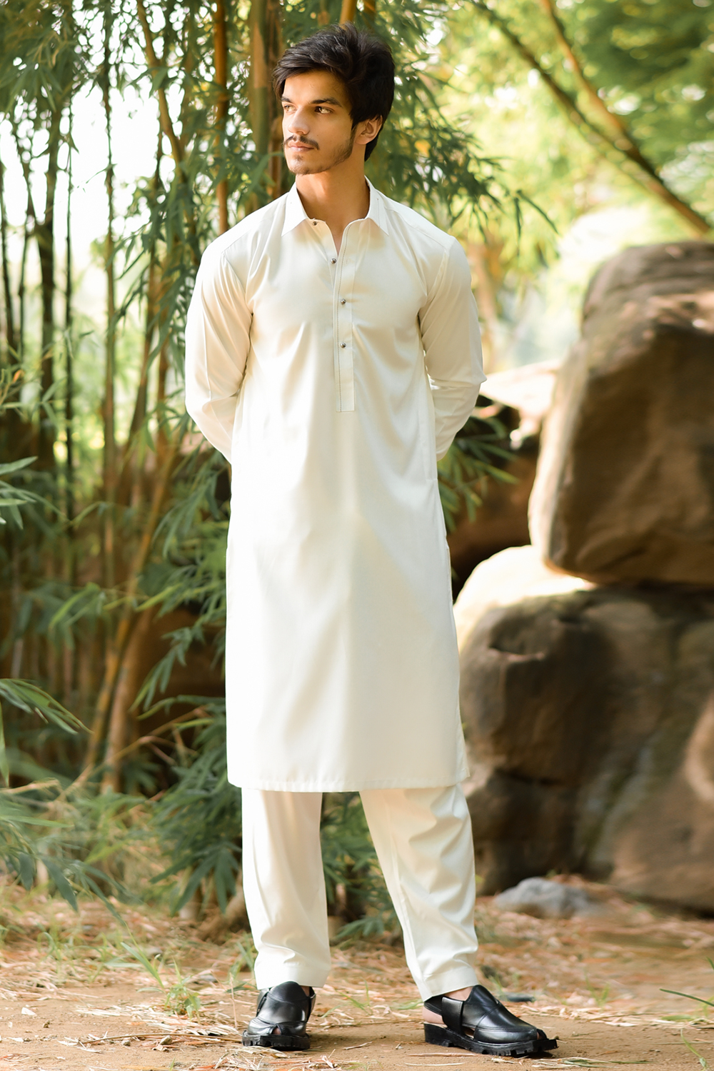 STITCHED SHALWAR WITH KAMEEZ WITH COLLAR YELLOW STRIP -OFF WHITE DN-0017