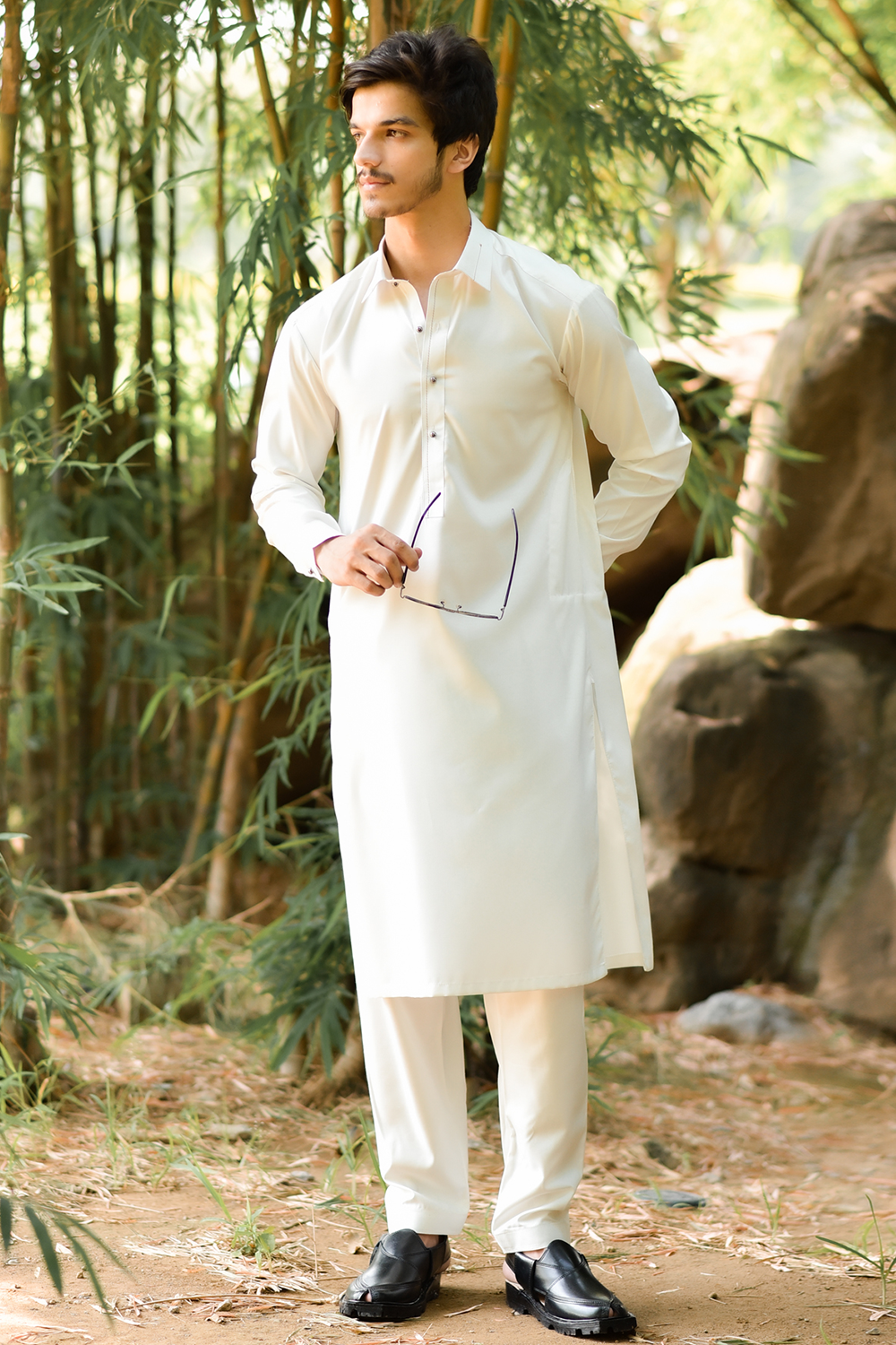 STITCHED SHALWAR WITH KAMEEZ WITH COLLAR YELLOW STRIP -OFF WHITE DN-0017