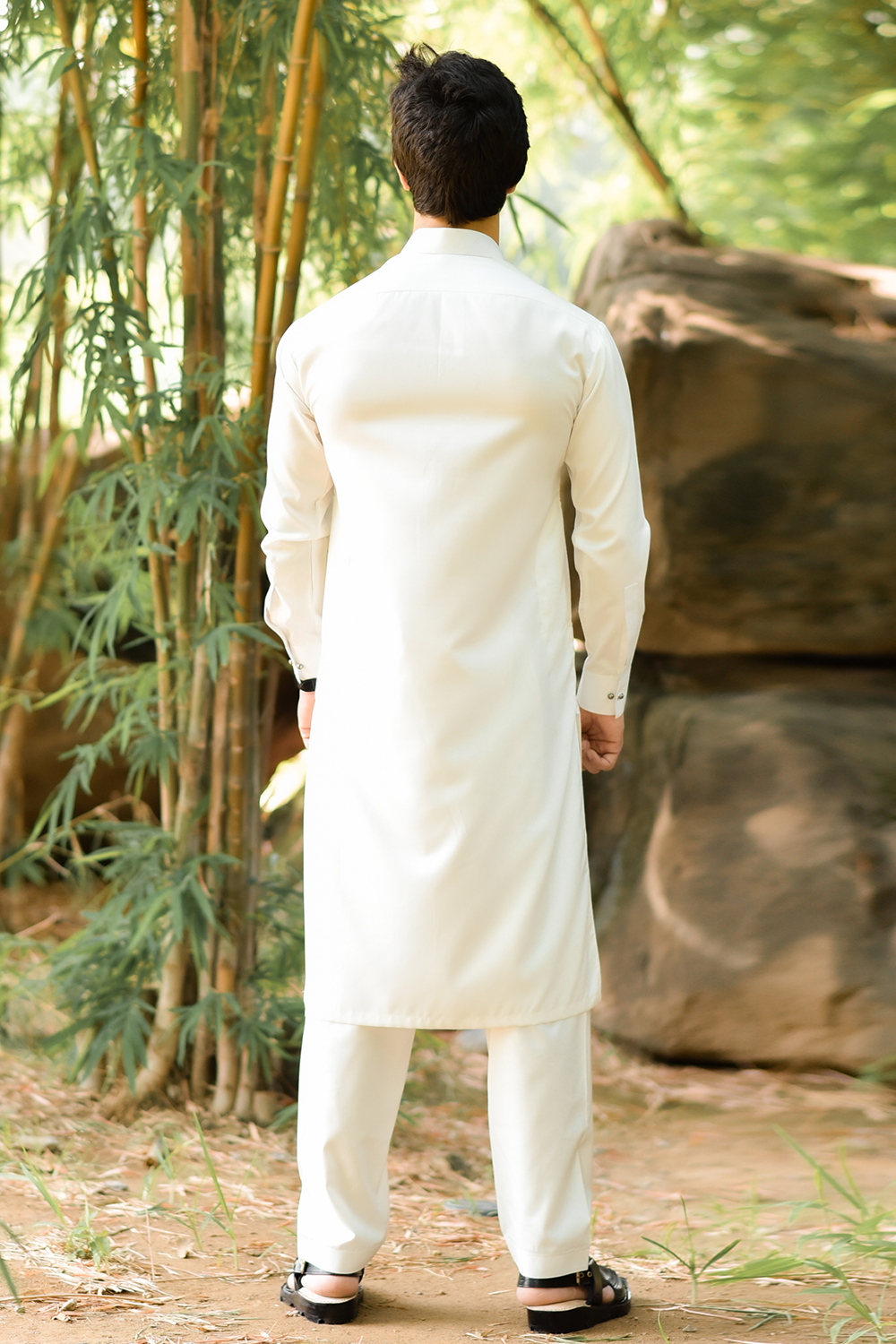 STITCHED SHALWAR WITH KAMEEZ WITH COLLAR YELLOW STRIP -OFF WHITE DN-0017