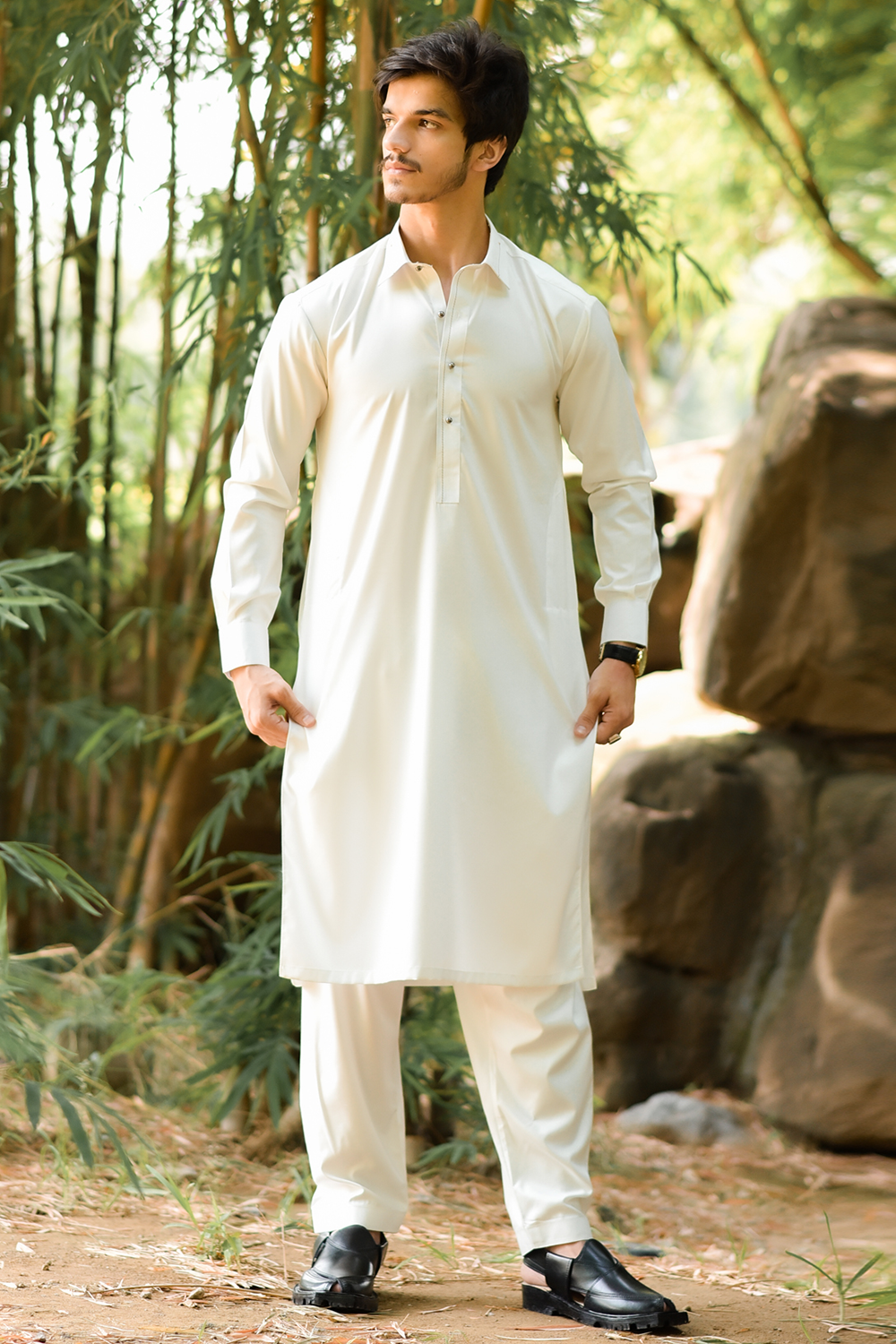 STITCHED SHALWAR WITH KAMEEZ WITH COLLAR YELLOW STRIP -OFF WHITE DN-0017