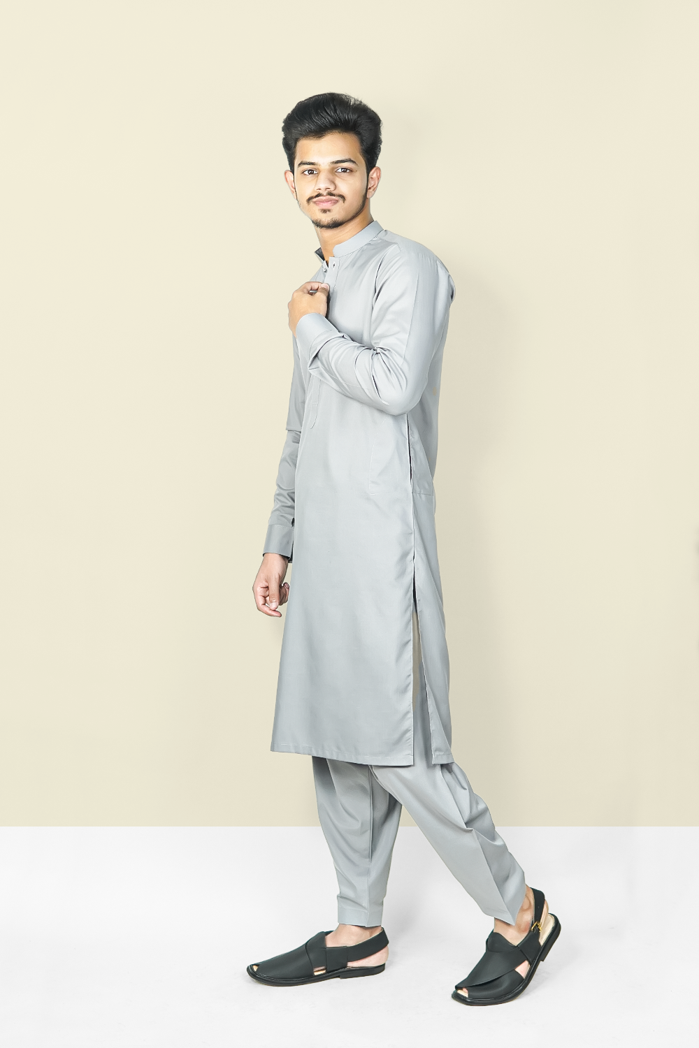STITCHED SHALWAR WITH KAMEEZ WITH BAN - GREY DN-009