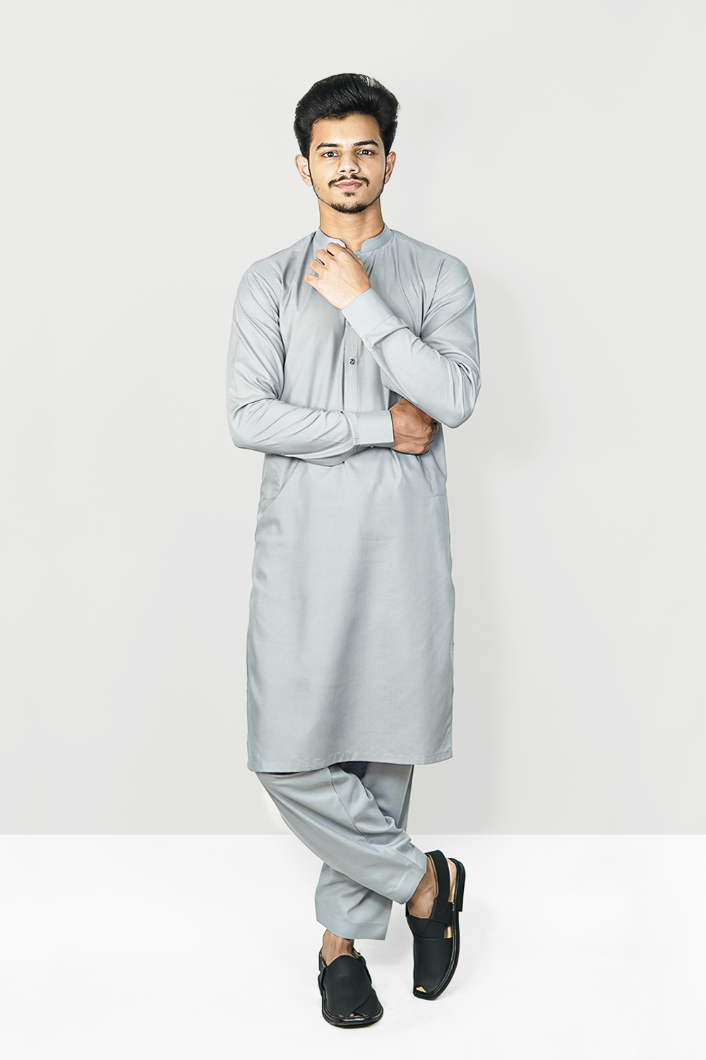 STITCHED SHALWAR WITH KAMEEZ WITH BAN - GREY DN-009