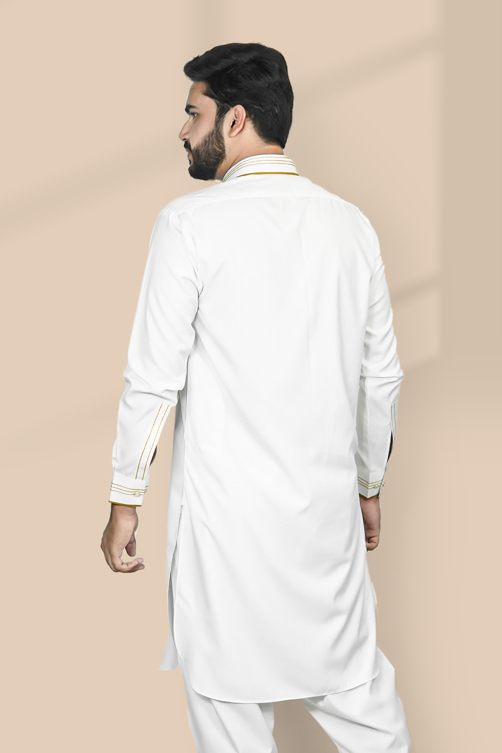 STITCHED SHALWAR WITH KAMEEZ WITH COLLAR- EGG WHITE DN-0017