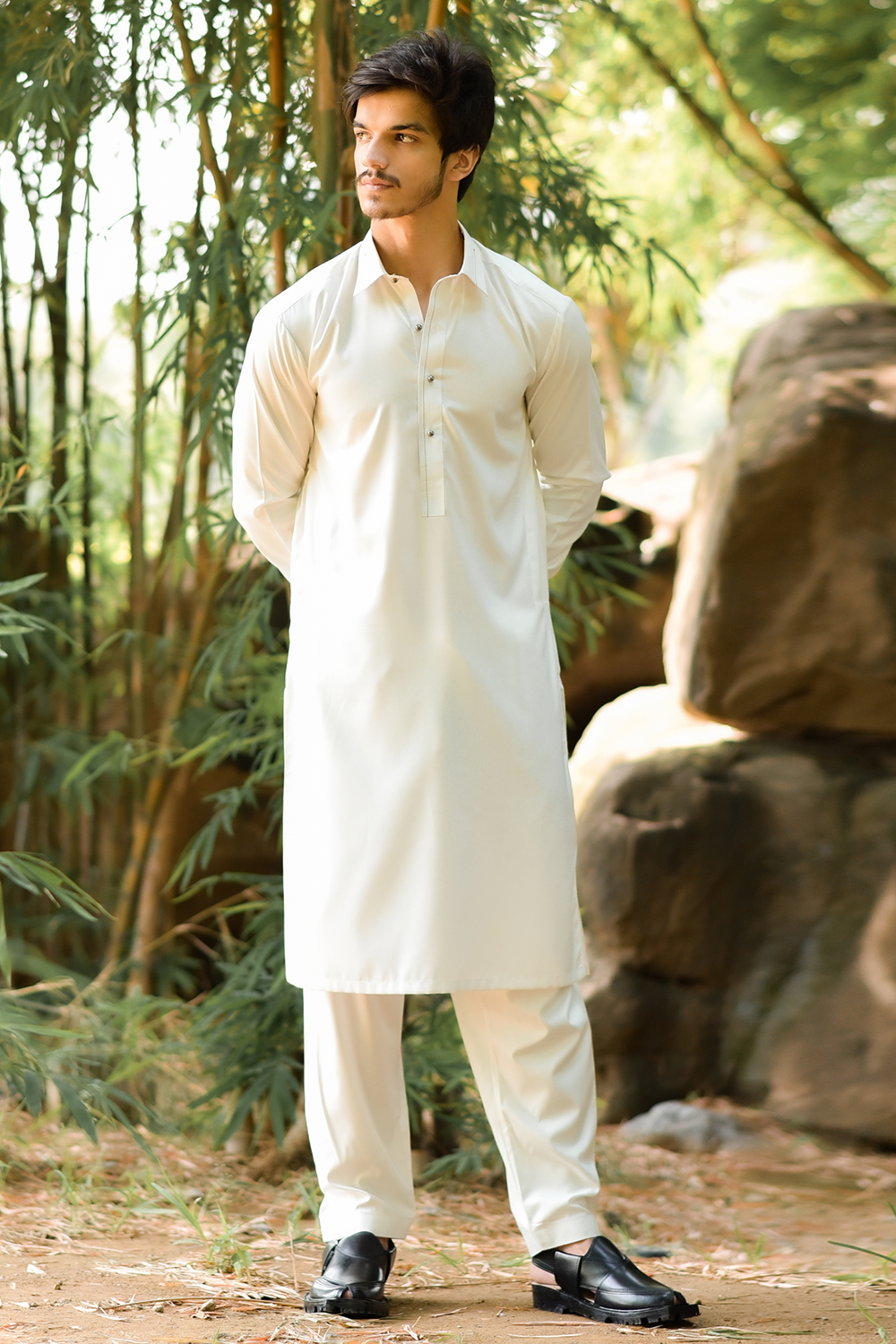 STITCHED SHALWAR WITH KAMEEZ WITH COLLAR YELLOW STRIP -OFF WHITE  DN-0017