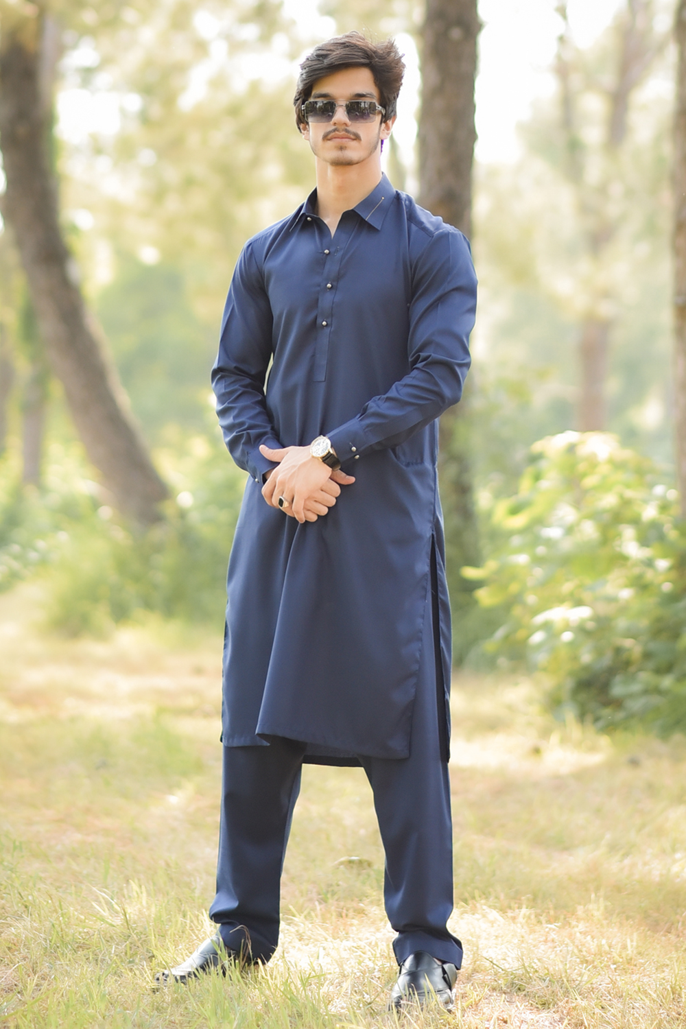 STITCHED SHALWAR WITH KAMEEZ WITH COLLAR YELLOW STRIP -NAVY BLUE DN-0020