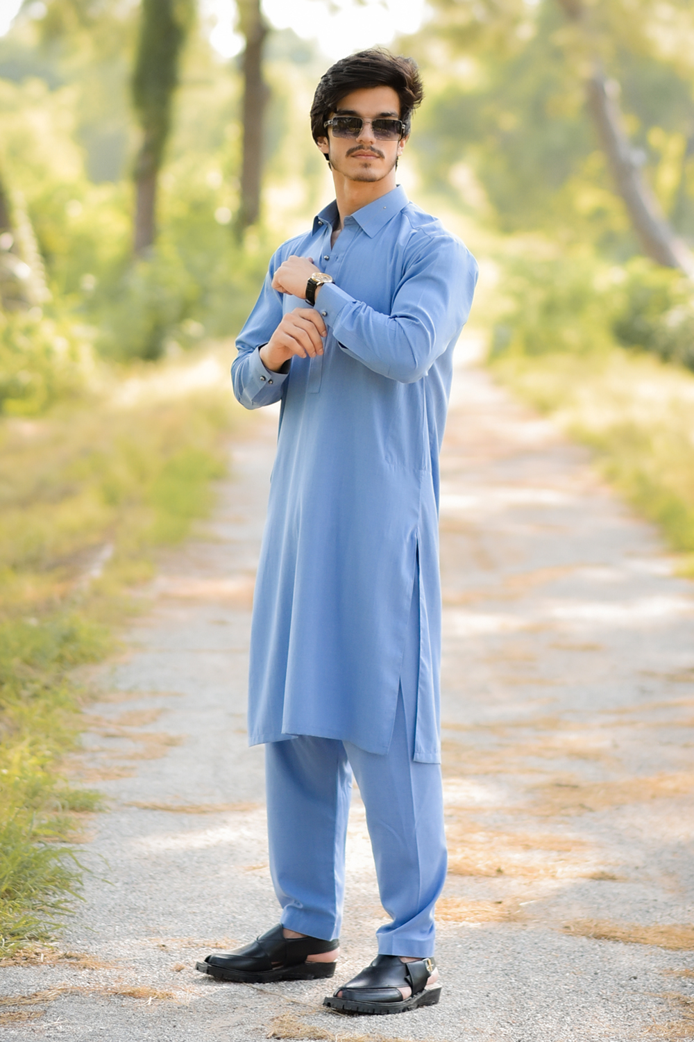 STITCHED SHALWAR WITH KAMEEZ WITH COLLAR YELLOW STRIP -DENIM BLUE DN-0021