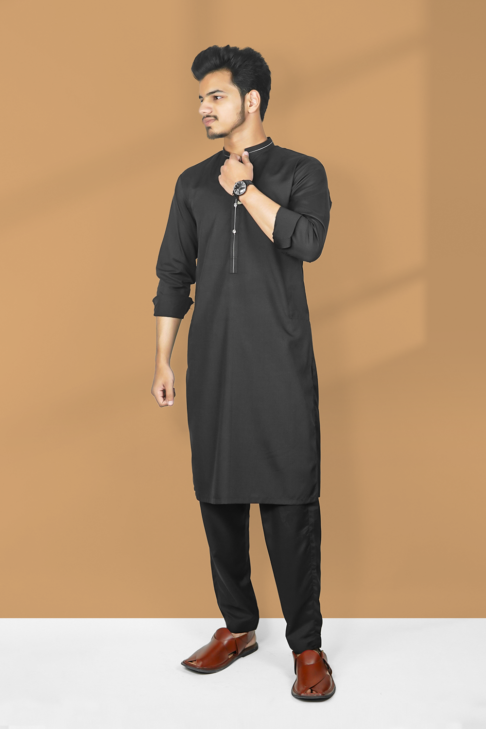 STITCHED KURTA WITH SHALWAR BLACK BAN WHITE STRIP- BLACK DN-003