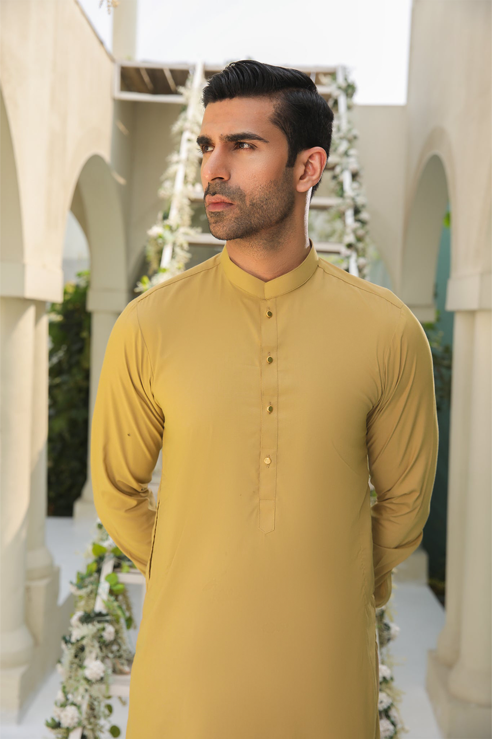 STITCHED SHALWAR WITH KAMEEZ WITH BAN - CAMEL BROWN DN-022