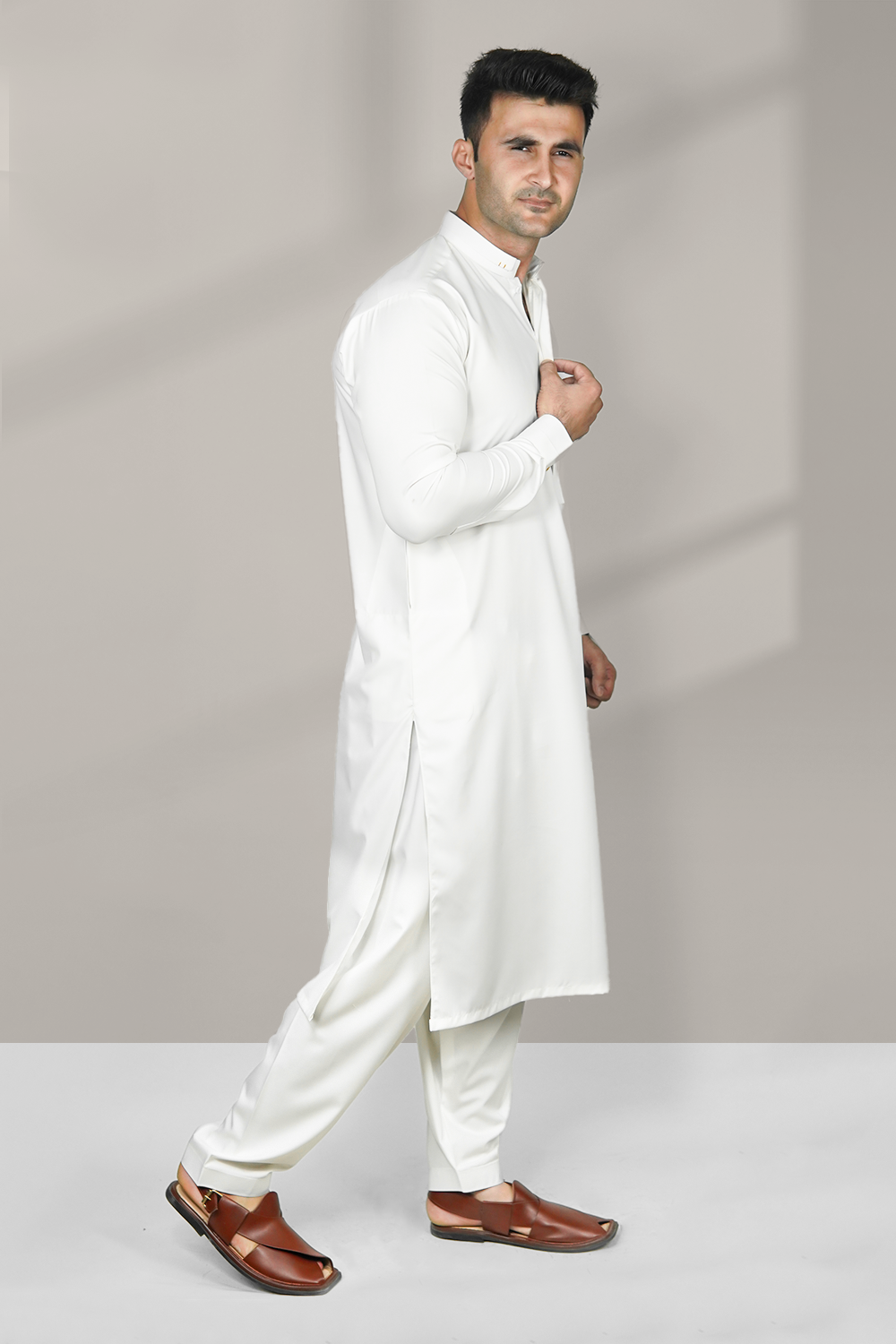 STITCHED SHALWAR WITH KAMEEZ WITH DOUBLE BAN - OFF WHITE DN-0018