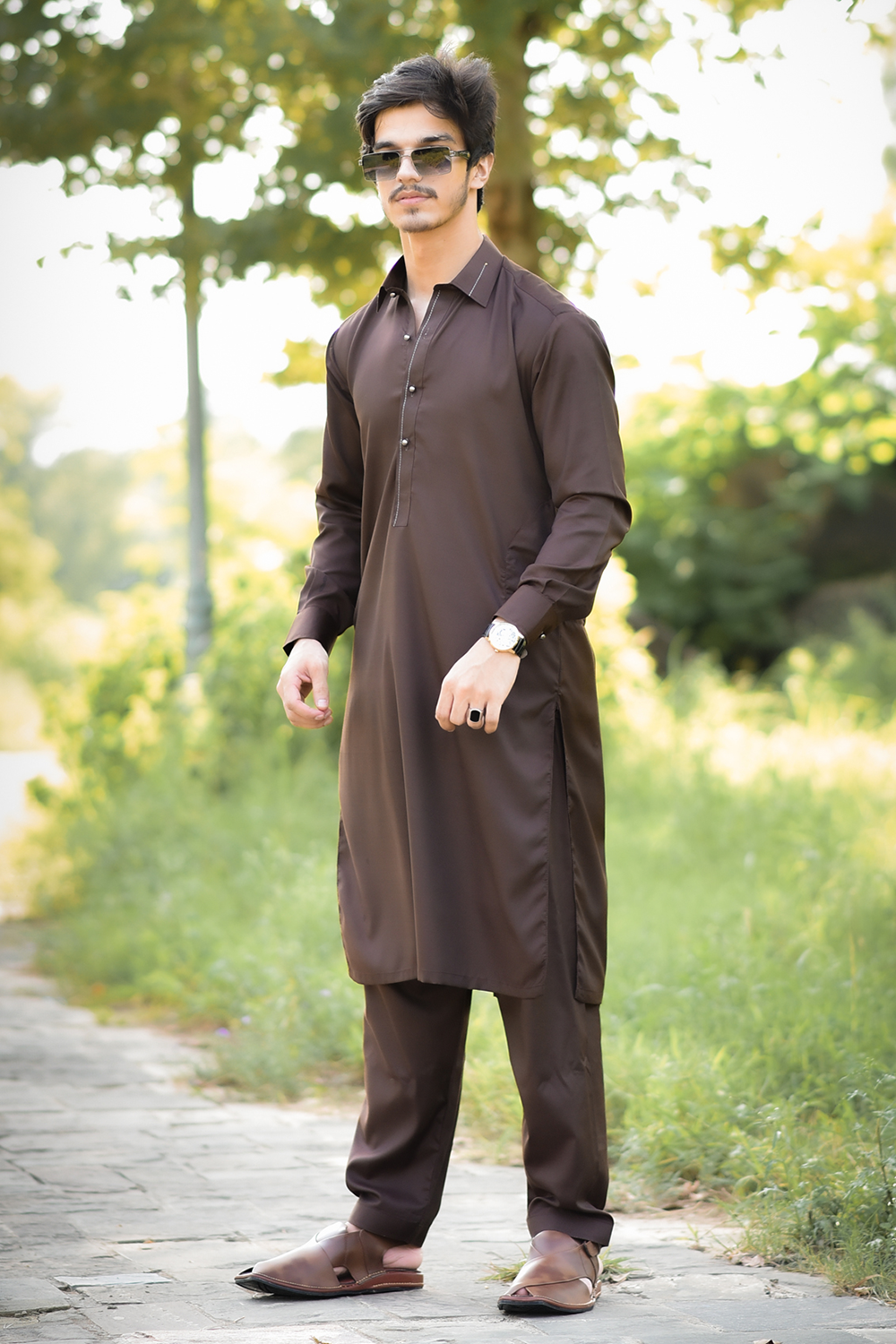 STITCHED SHALWAR WITH KAMEEZ WITH COLLAR YELLOW STRIP -CHOCLATE BROWN DN-0019