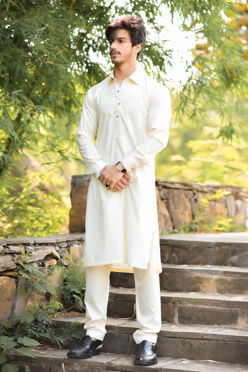 STITCHED SHALWAR WITH KAMEEZ WITH COLLAR YELLOW STRIP -BEIGE DN-0016