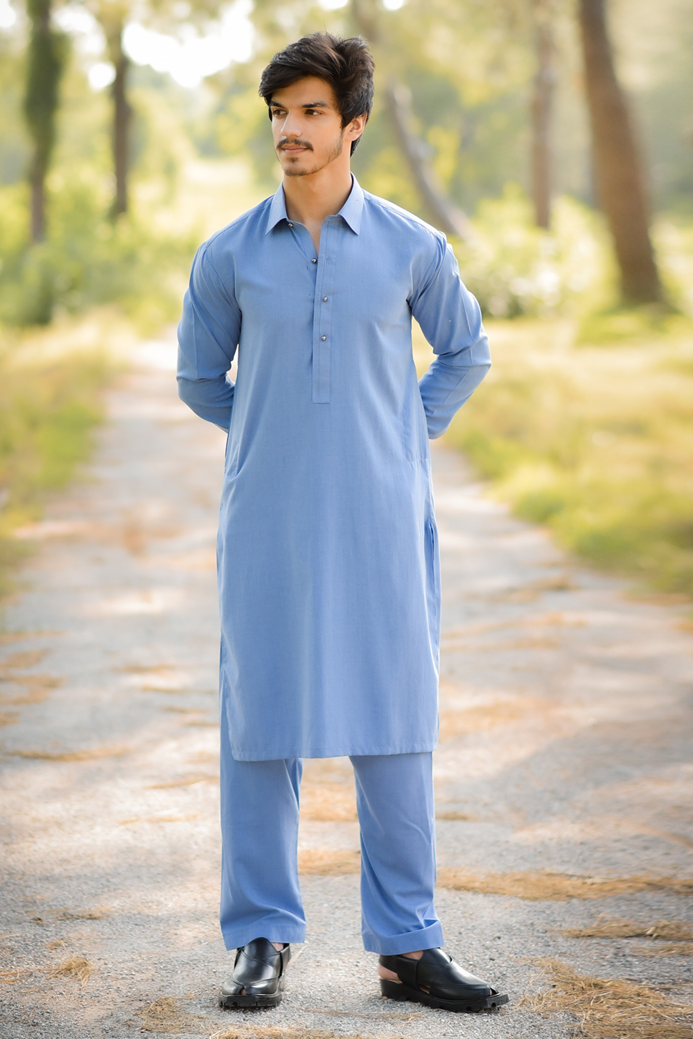 STITCHED SHALWAR WITH KAMEEZ WITH COLLAR YELLOW STRIP -DENIM BLUE DN-0021