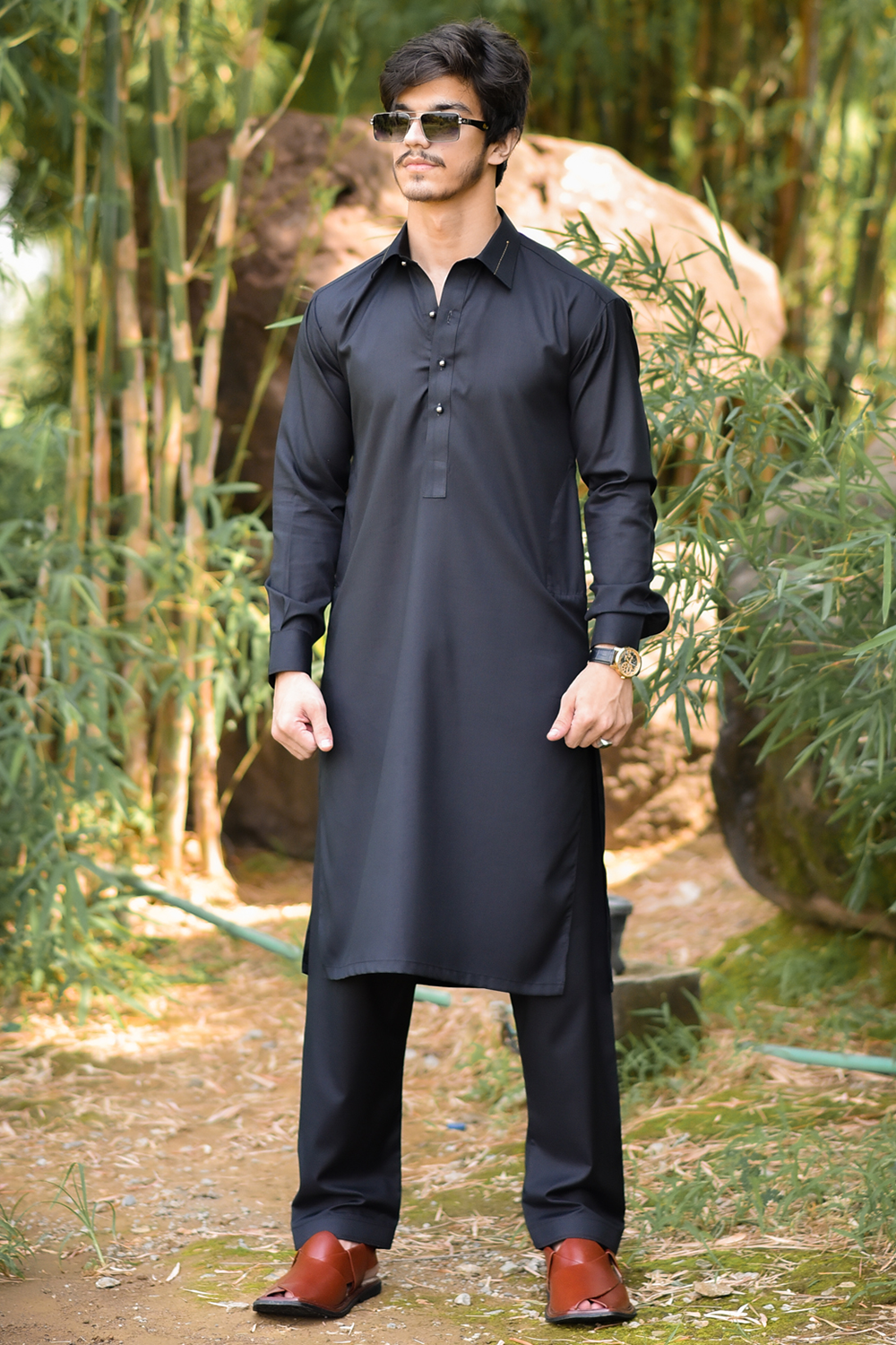 STITCHED SHALWAR WITH KAMEEZ WITH COLLAR YELLOW STRIP -BLACK DN-0015