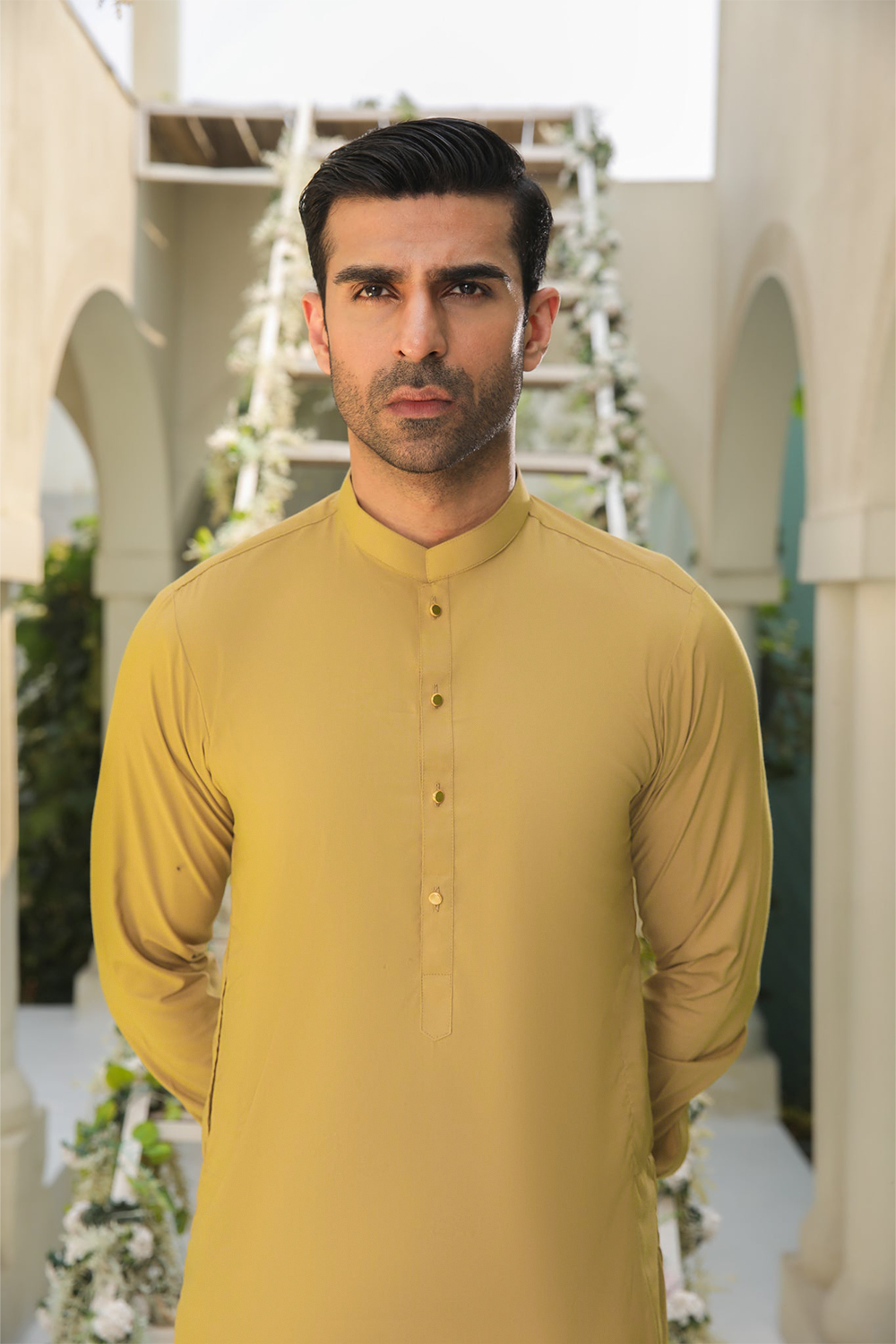 STITCHED SHALWAR WITH KAMEEZ WITH BAN - CAMEL BROWN DN-022