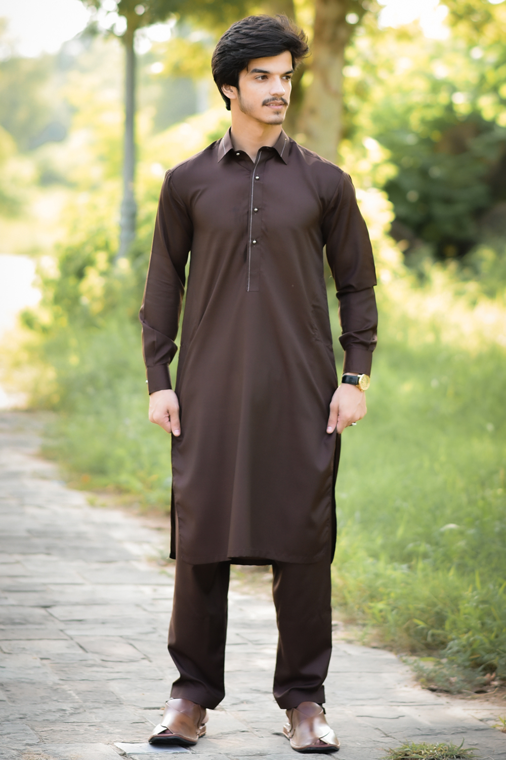 STITCHED SHALWAR WITH KAMEEZ WITH COLLAR YELLOW STRIP -CHOCLATE BROWN DN-0019