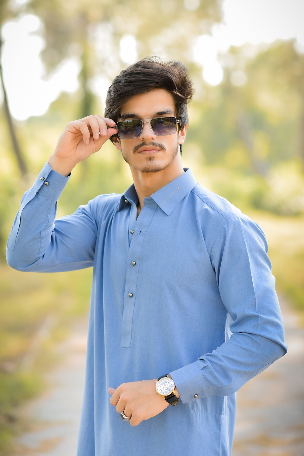 STITCHED SHALWAR WITH KAMEEZ WITH COLLAR YELLOW STRIP -DENIM BLUE DN-0021