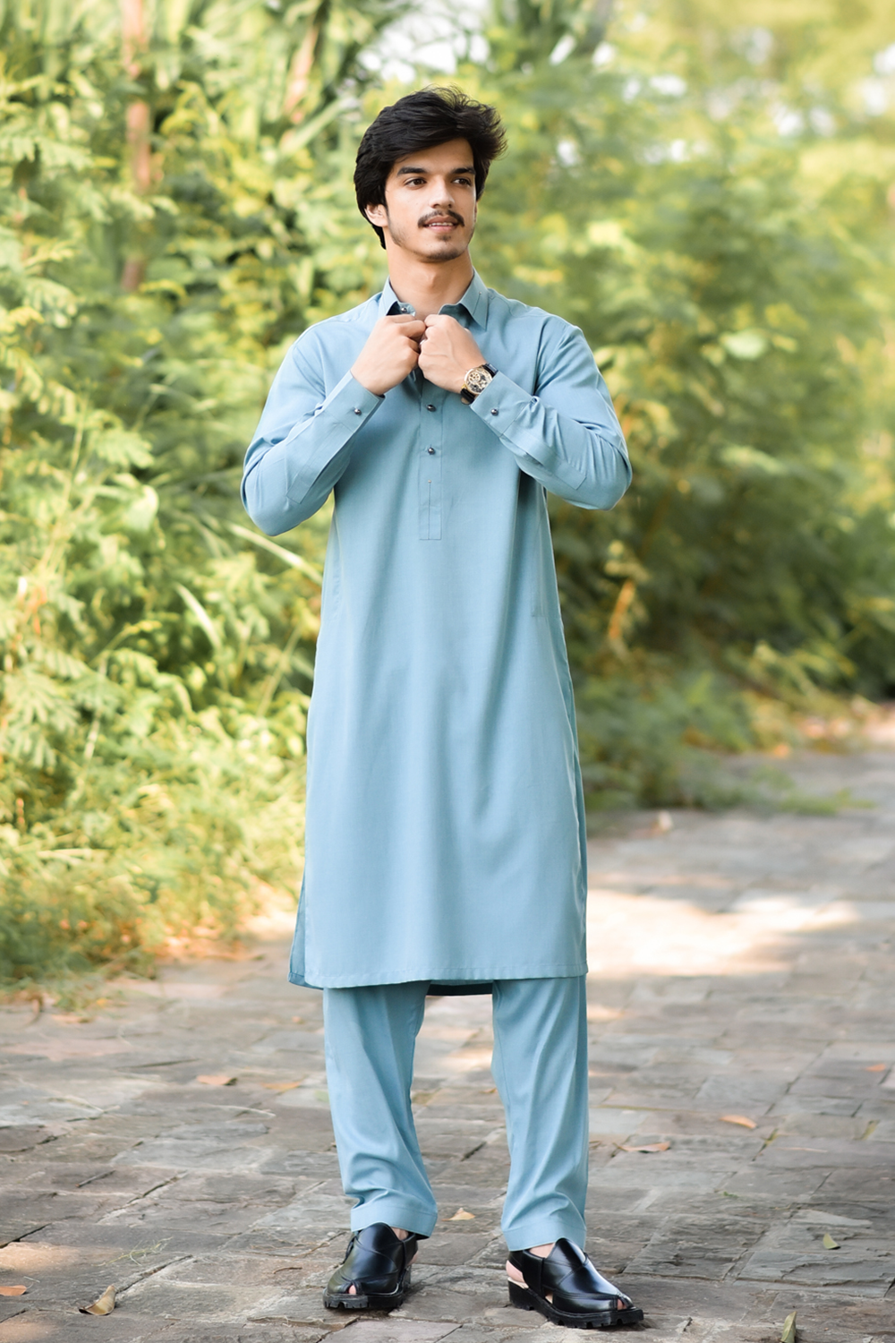 STITCHED SHALWAR WITH KAMEEZ WITH COLLAR YELLOW STRIP -LIGHT GREEN DN-0018