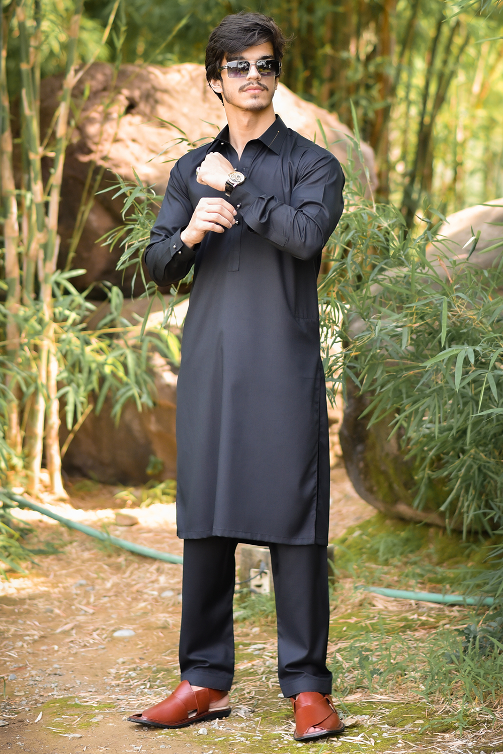 STITCHED SHALWAR WITH KAMEEZ WITH COLLAR YELLOW STRIP -BLACK DN-0015