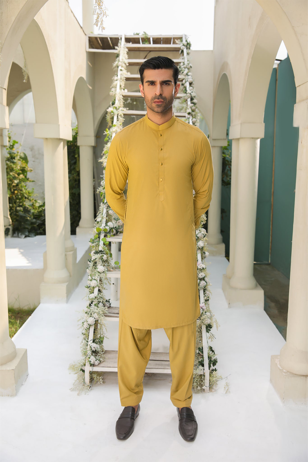 STITCHED SHALWAR WITH KAMEEZ WITH BAN - CAMEL BROWN DN-022