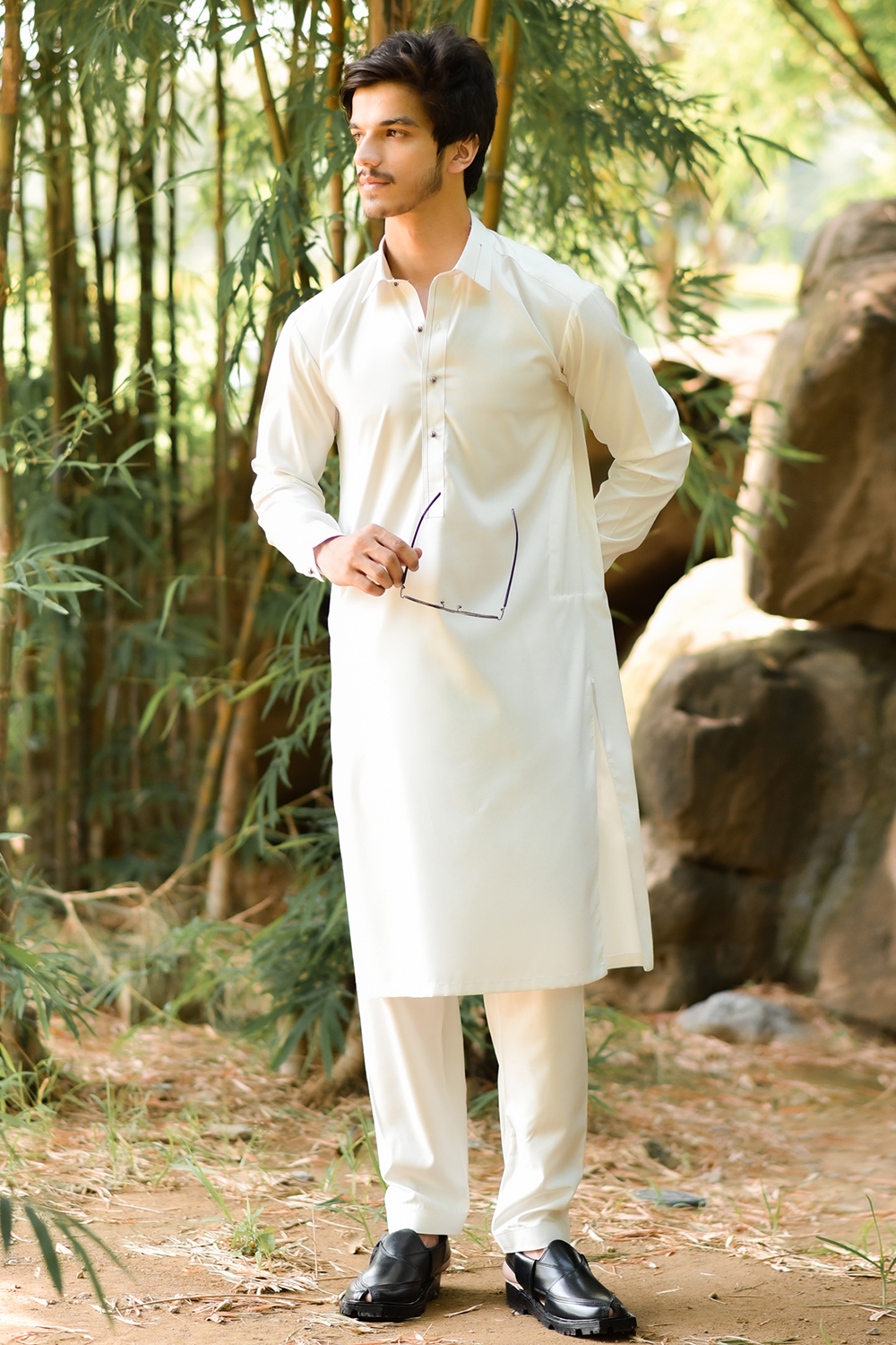 STITCHED SHALWAR WITH KAMEEZ WITH COLLAR YELLOW STRIP -OFF WHITE  DN-0017