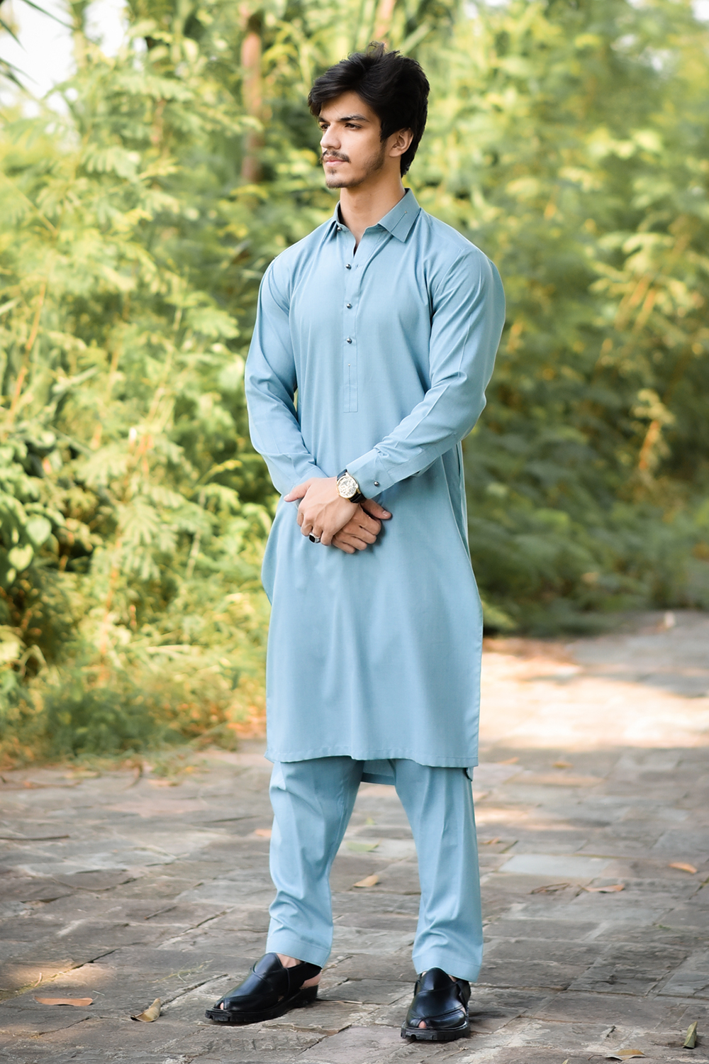 STITCHED SHALWAR WITH KAMEEZ WITH COLLAR YELLOW STRIP -LIGHT GREEN DN-0018