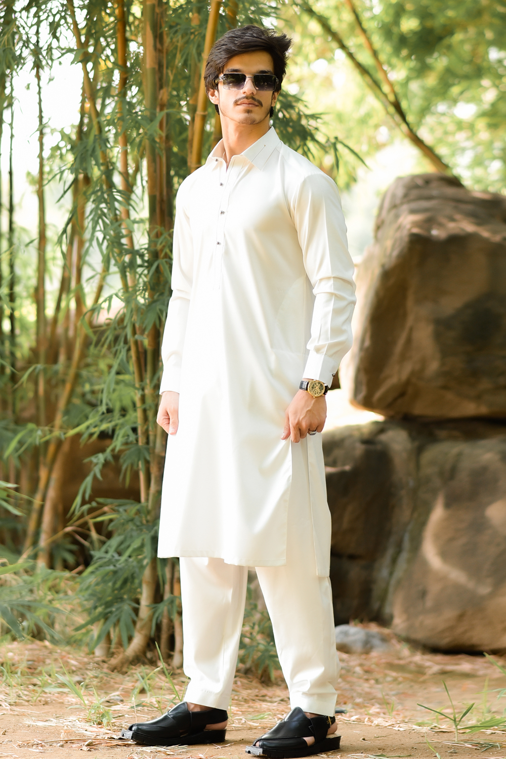 STITCHED SHALWAR WITH KAMEEZ WITH COLLAR YELLOW STRIP -OFF WHITE  DN-0017