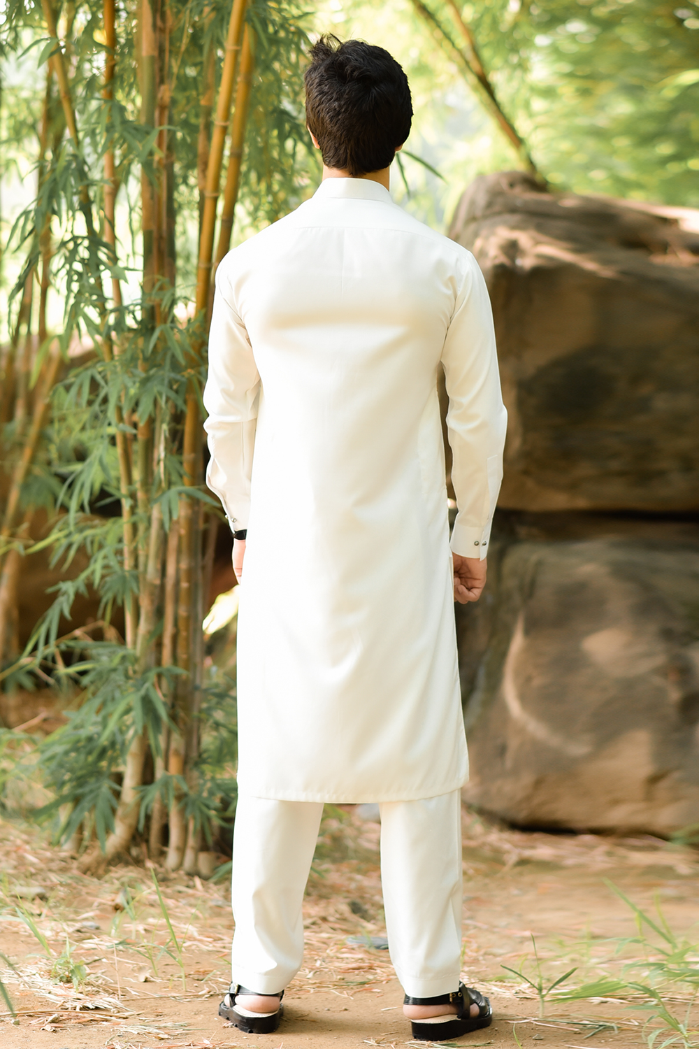 STITCHED SHALWAR WITH KAMEEZ WITH COLLAR YELLOW STRIP -OFF WHITE  DN-0017