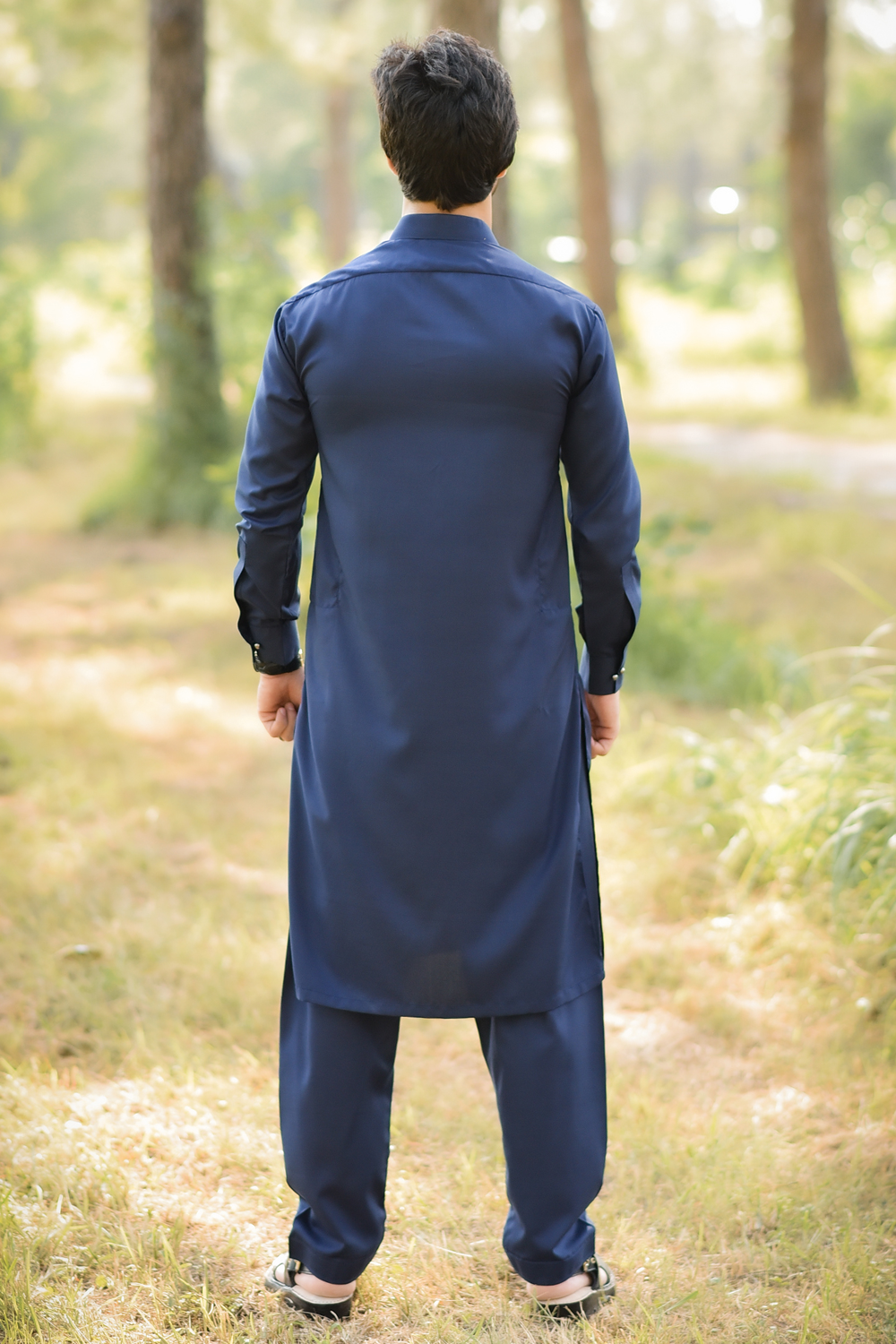 STITCHED SHALWAR WITH KAMEEZ WITH COLLAR YELLOW STRIP -NAVY BLUE DN-0020