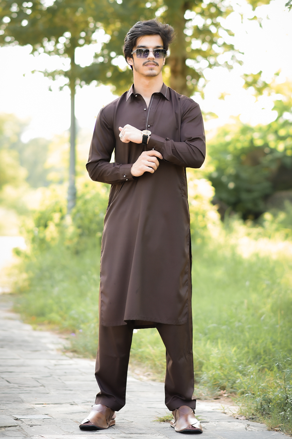 STITCHED SHALWAR WITH KAMEEZ WITH COLLAR YELLOW STRIP -CHOCLATE BROWN DN-0019