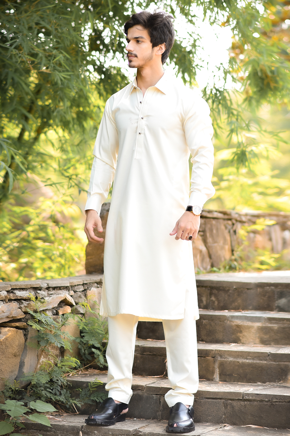 STITCHED SHALWAR WITH KAMEEZ WITH COLLAR YELLOW STRIP -BEIGE DN-0016