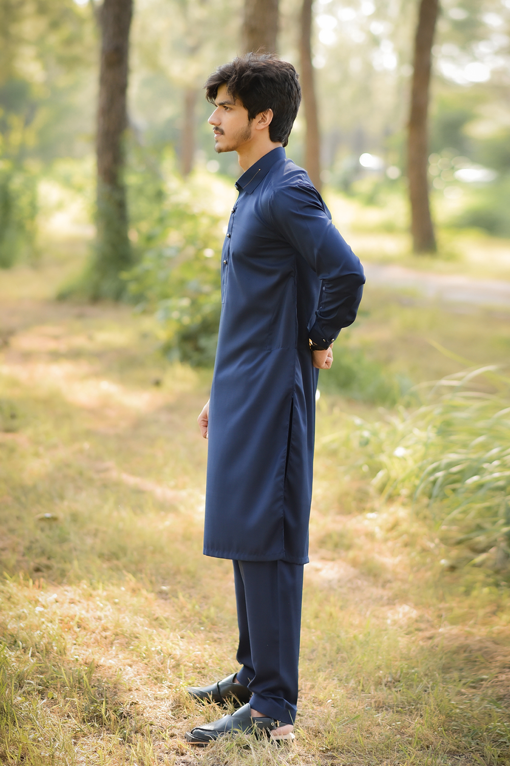 STITCHED SHALWAR WITH KAMEEZ WITH COLLAR YELLOW STRIP -NAVY BLUE DN-0020