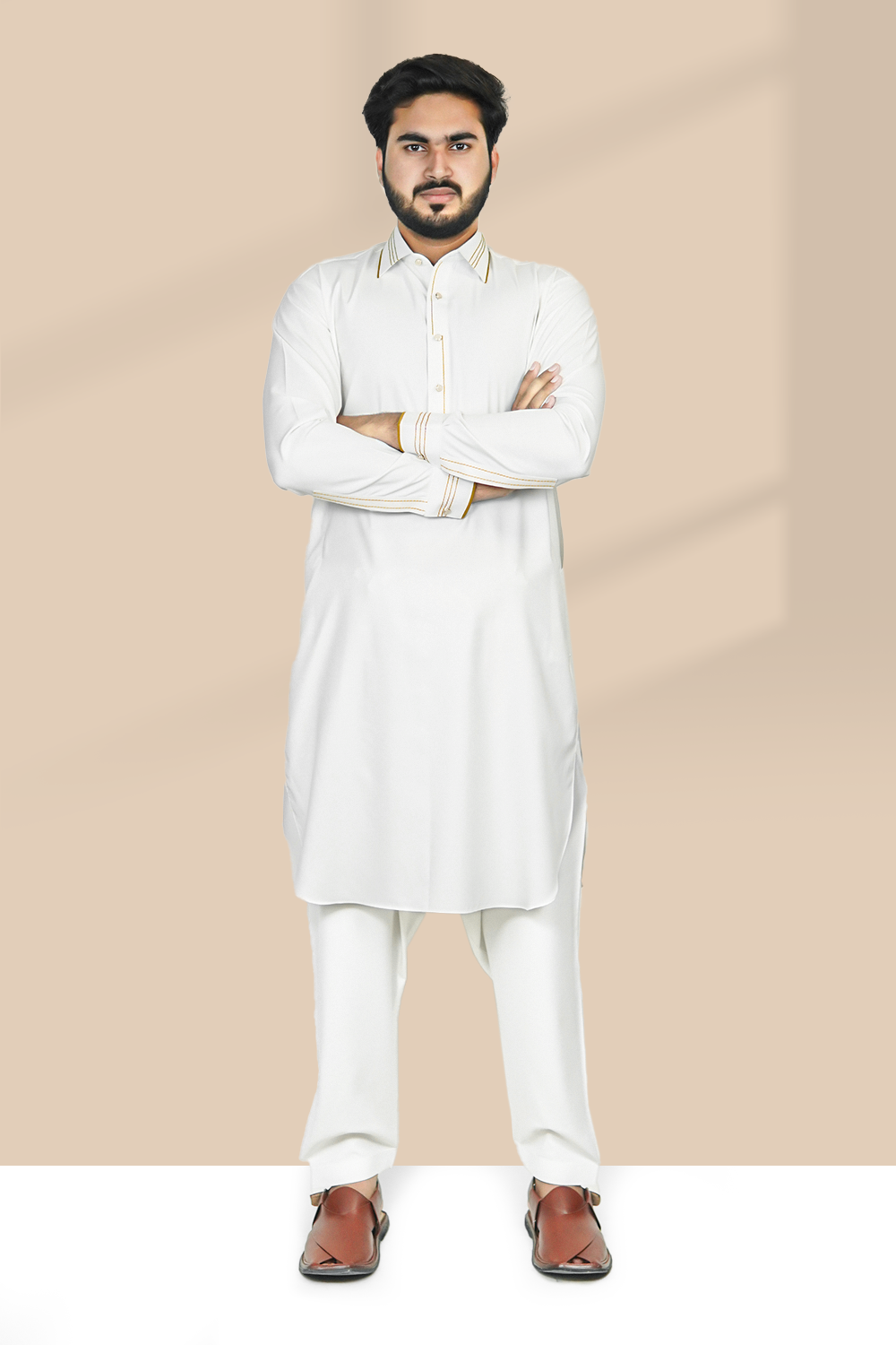 STITCHED SHALWAR WITH KAMEEZ WITH COLLAR- EGG WHITE DN-0017