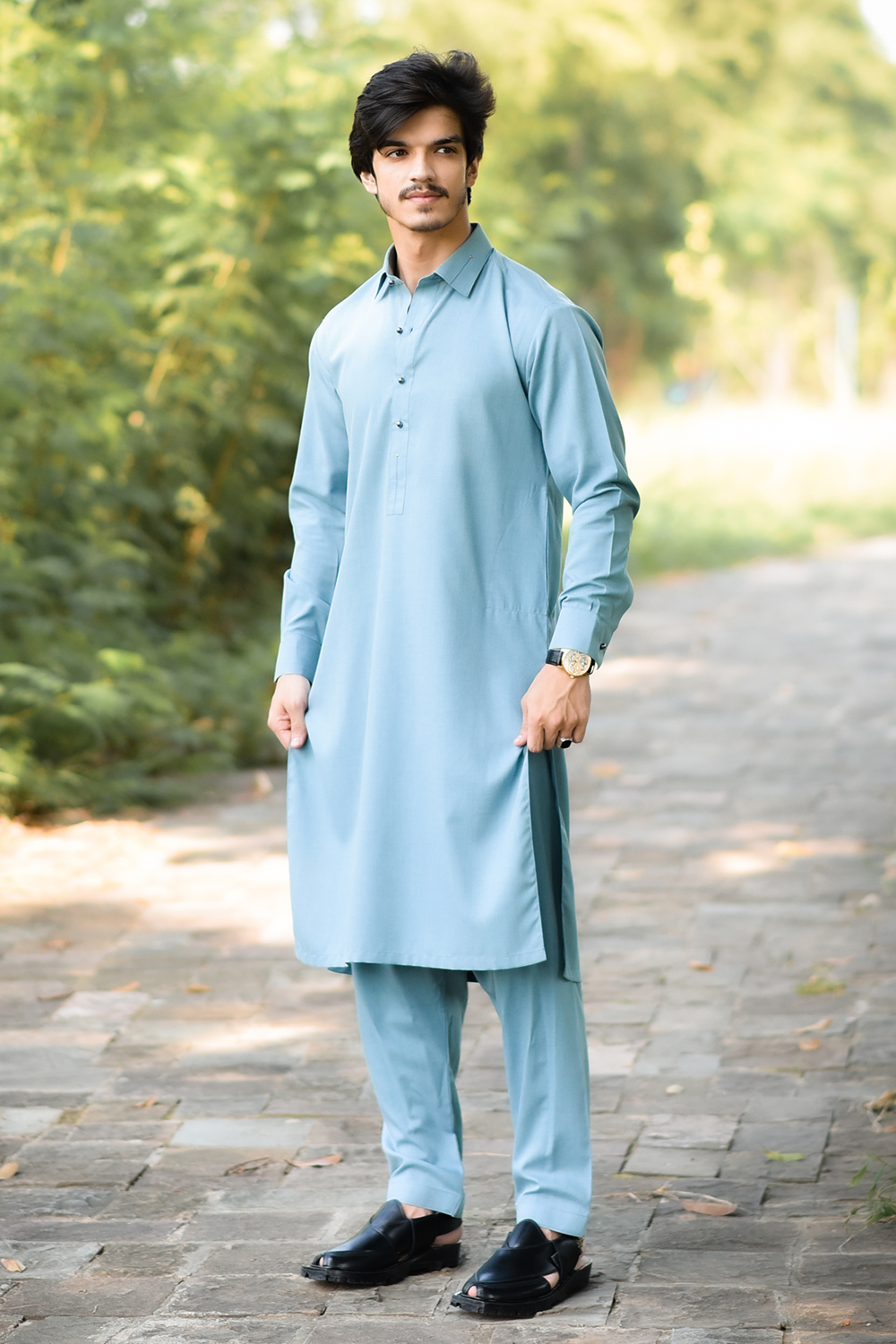 STITCHED SHALWAR WITH KAMEEZ WITH COLLAR YELLOW STRIP -LIGHT GREEN DN-0018