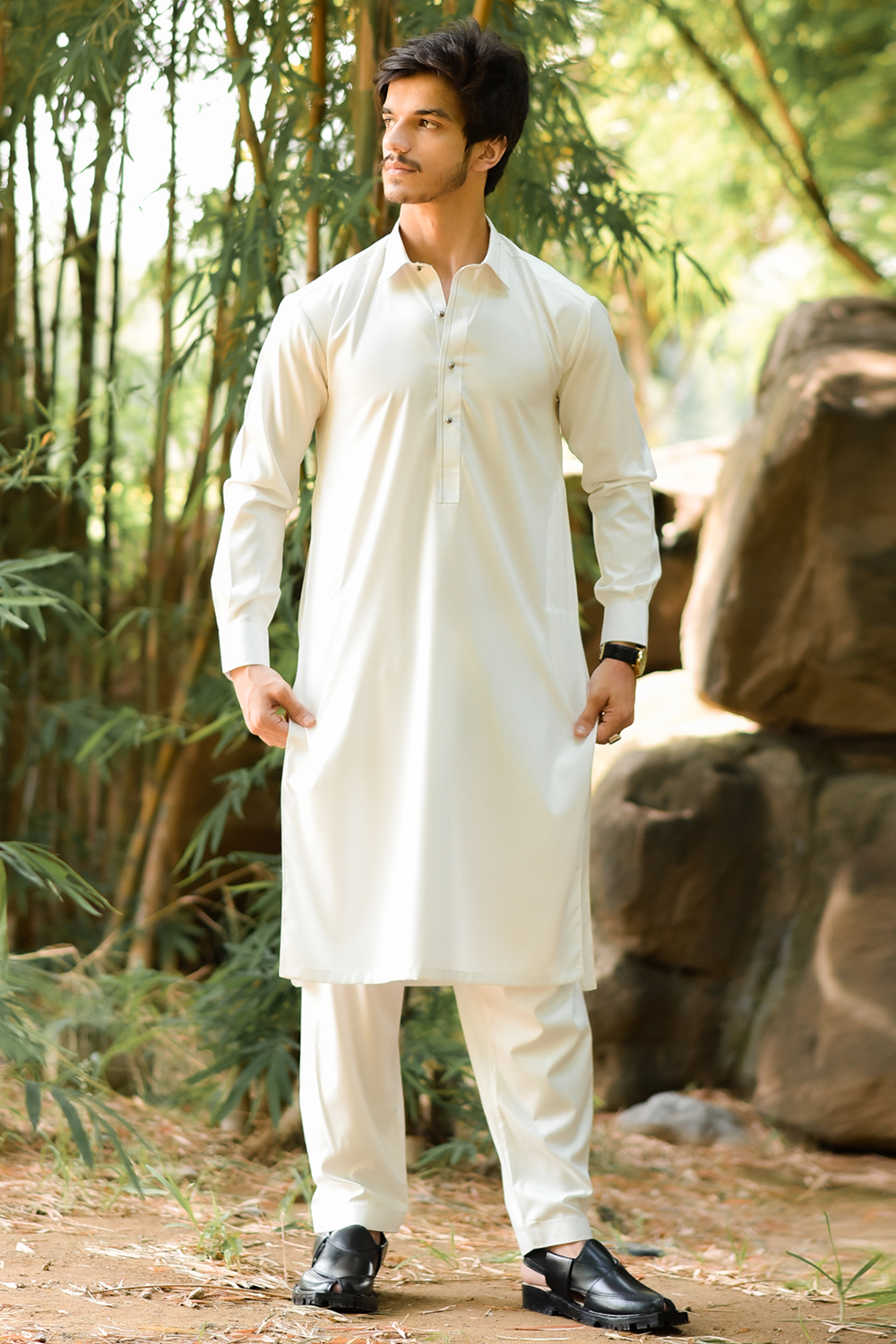 STITCHED SHALWAR WITH KAMEEZ WITH COLLAR YELLOW STRIP -OFF WHITE  DN-0017