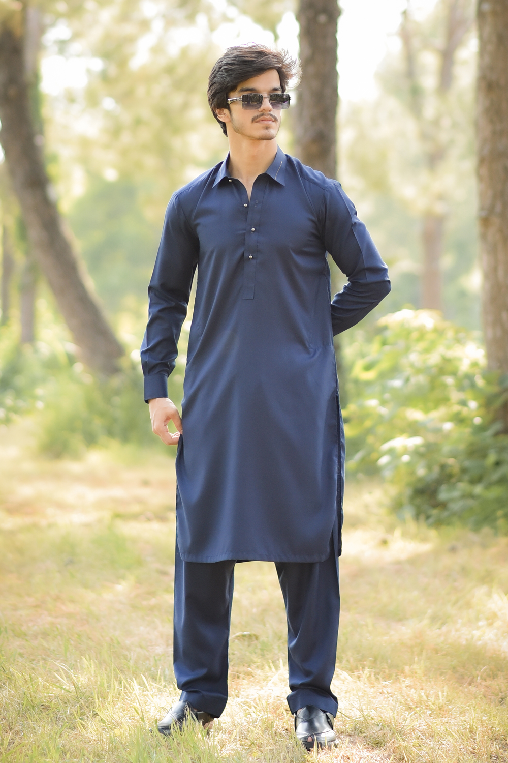 STITCHED SHALWAR WITH KAMEEZ WITH COLLAR YELLOW STRIP -NAVY BLUE DN-0020