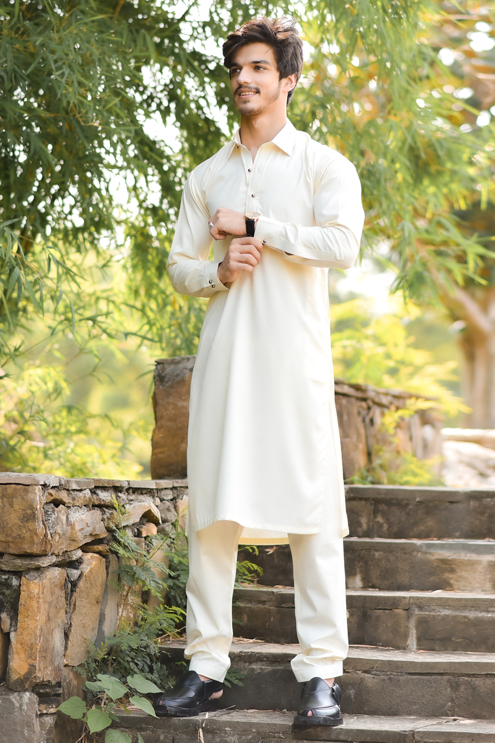 STITCHED SHALWAR WITH KAMEEZ WITH COLLAR YELLOW STRIP -BEIGE DN-0016