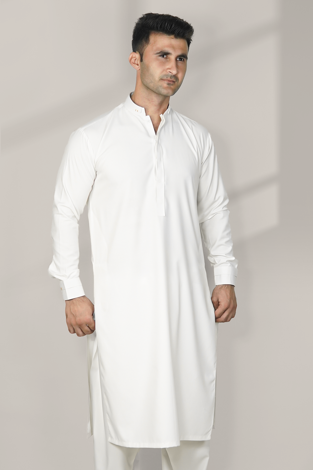 STITCHED SHALWAR WITH KAMEEZ WITH DOUBLE BAN - OFF WHITE DN-0018