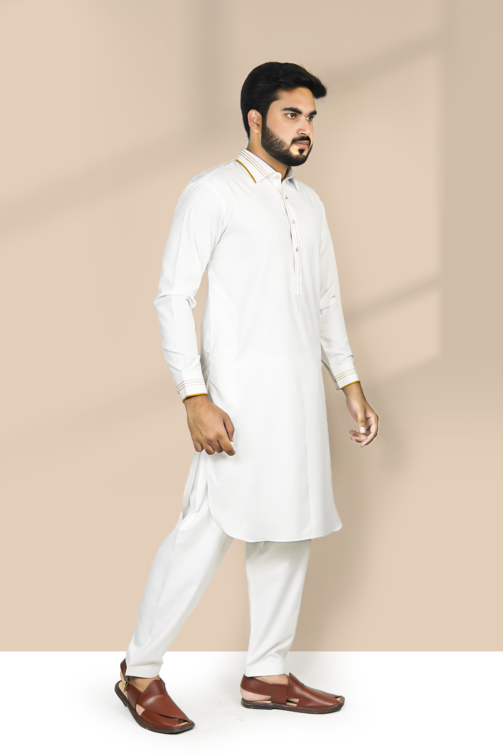 STITCHED SHALWAR WITH KAMEEZ WITH COLLAR- EGG WHITE DN-0017