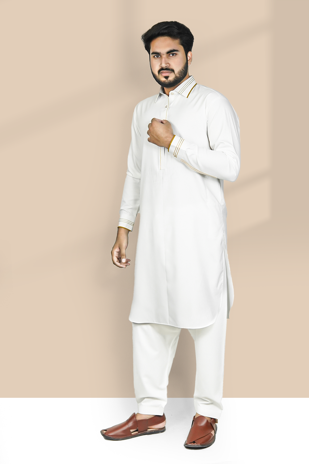 STITCHED SHALWAR WITH KAMEEZ WITH COLLAR- EGG WHITE DN-0017