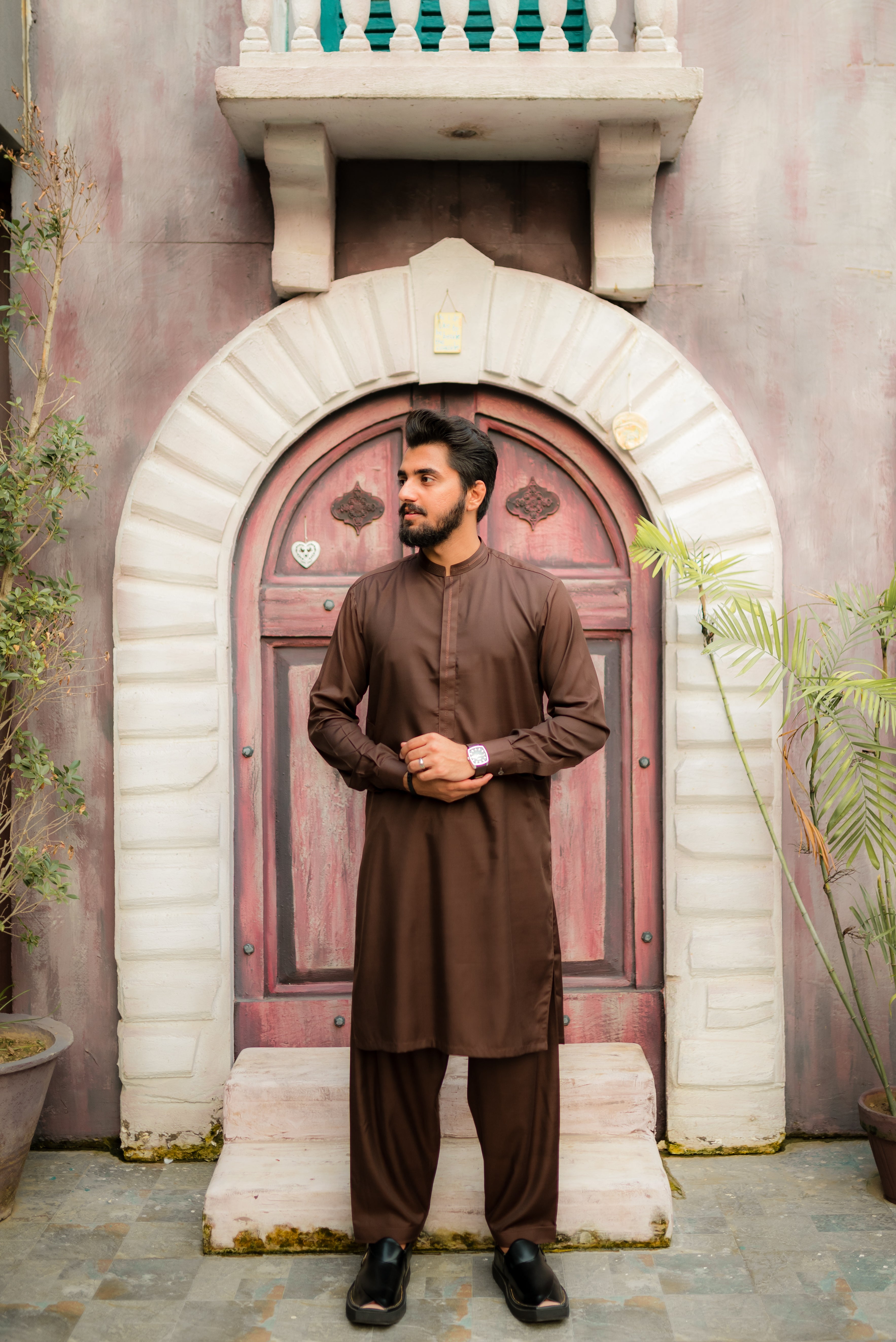 STITCHED SHALWAR WITH KAMEEZ WITH BAN - CHOCLATE BROWN DN-008