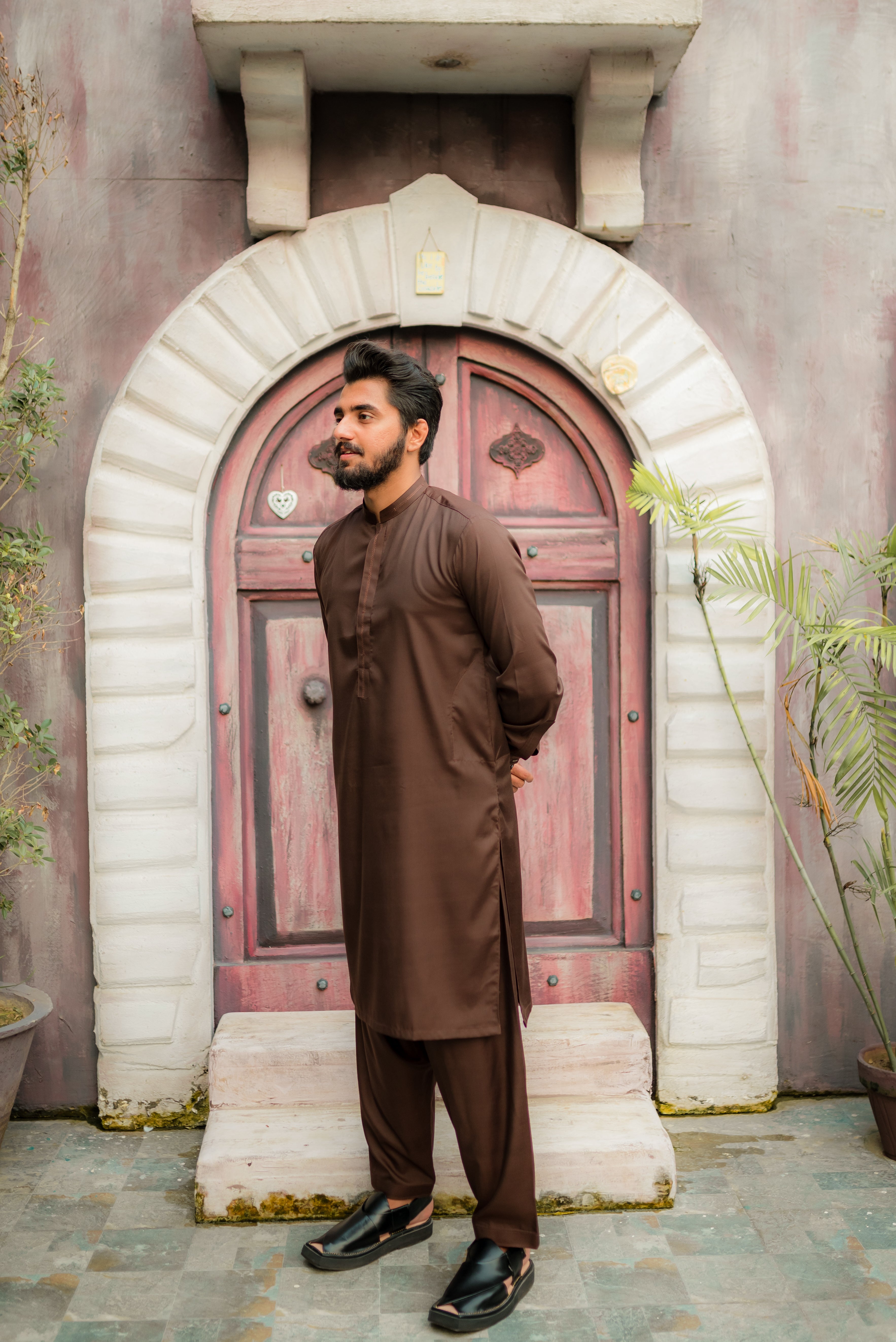 STITCHED SHALWAR WITH KAMEEZ WITH BAN - CHOCLATE BROWN DN-008