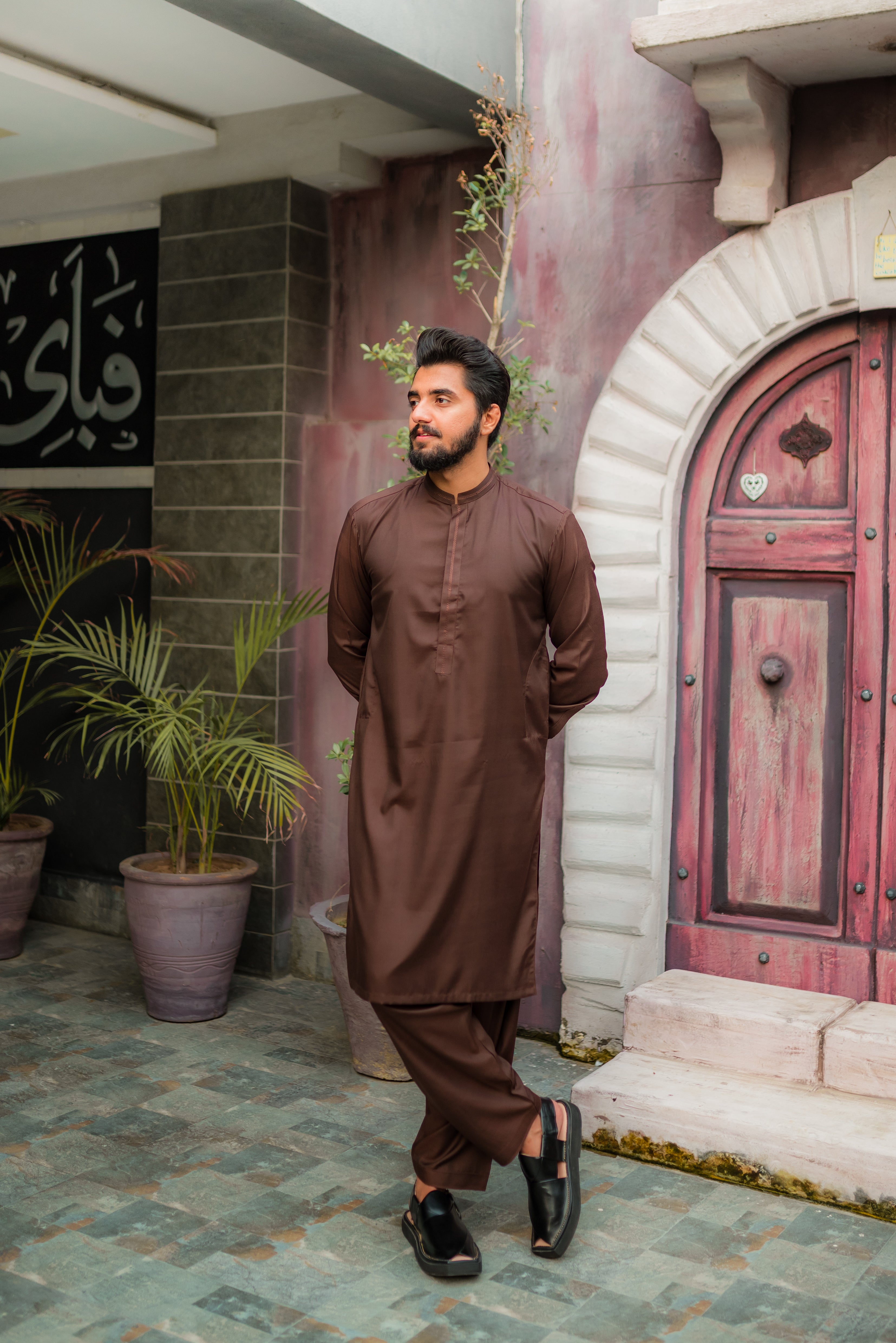 STITCHED SHALWAR WITH KAMEEZ WITH BAN - CHOCLATE BROWN DN-008