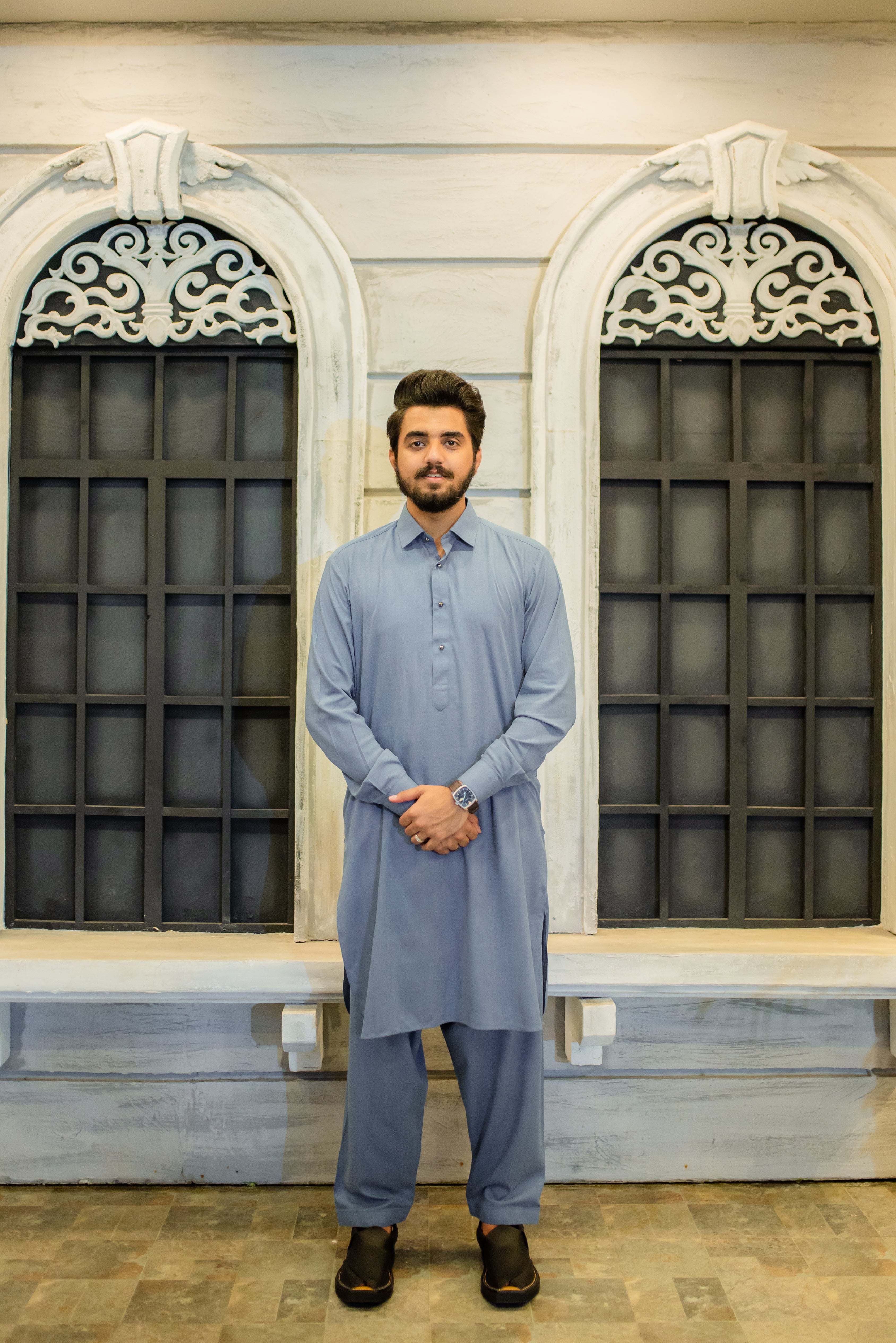 STITCHED SHALWAR WITH KAMEEZ WITH COLLAR - DENIM BLUE DN-0014