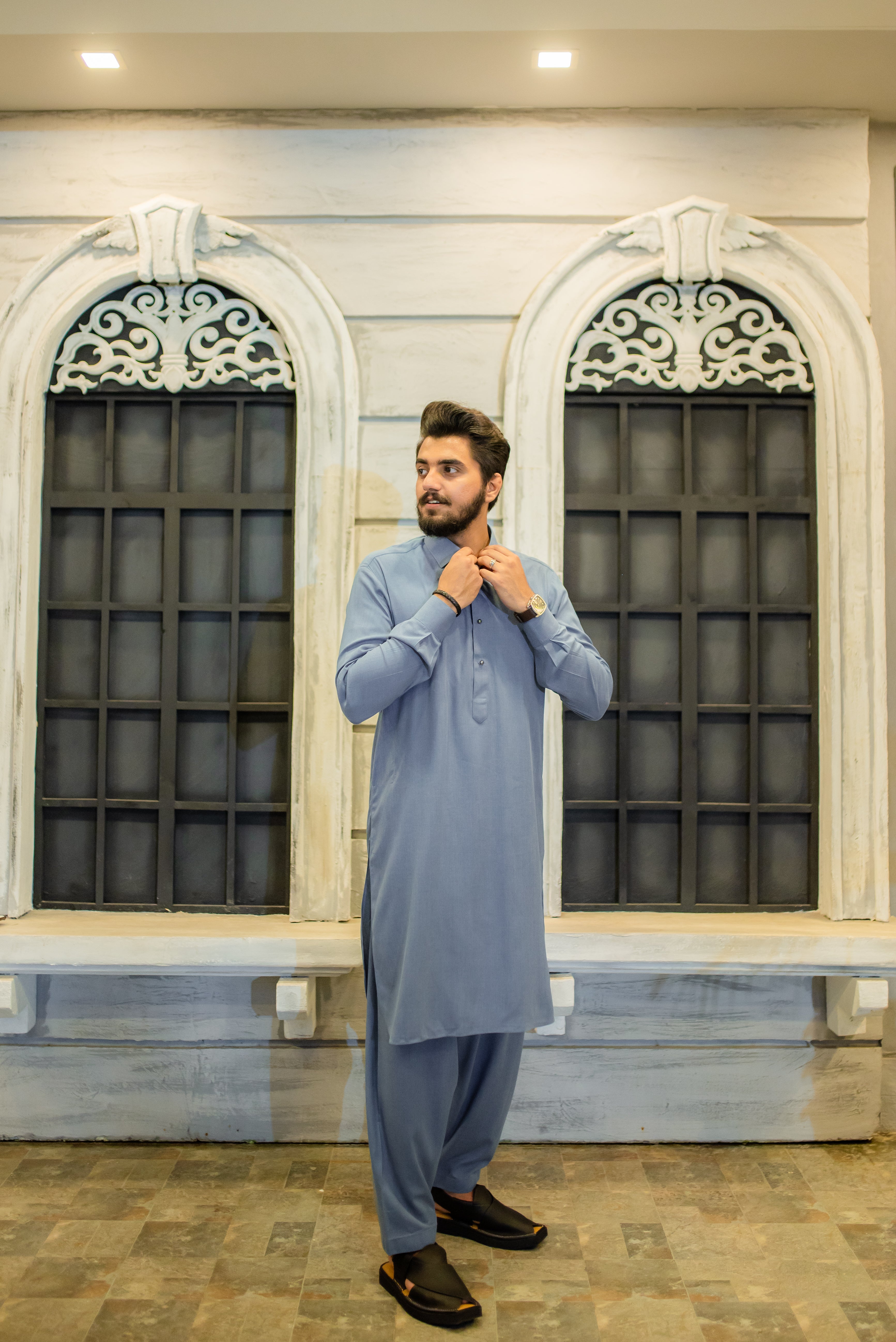 STITCHED SHALWAR WITH KAMEEZ WITH COLLAR - DENIM BLUE DN-0014