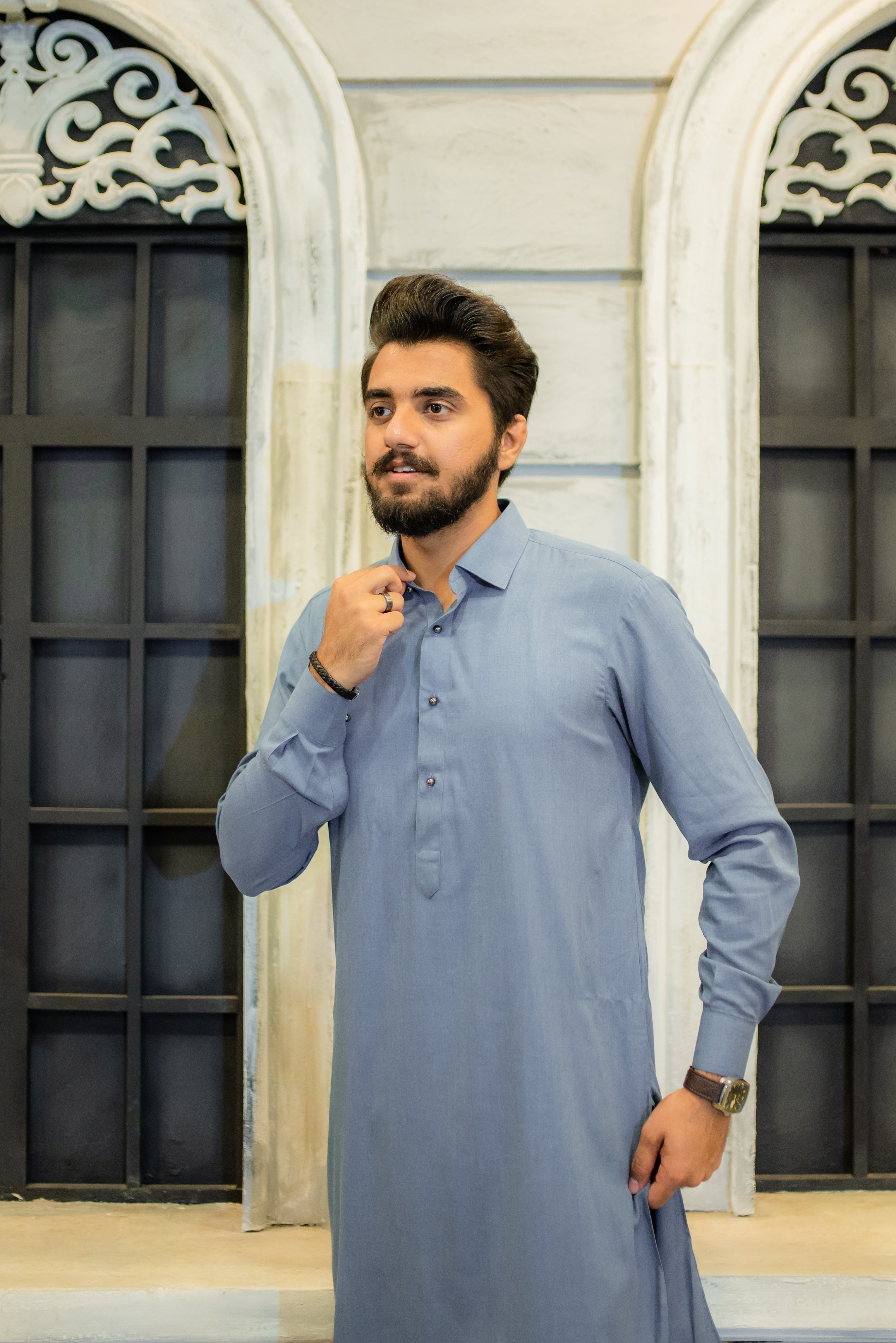 STITCHED SHALWAR WITH KAMEEZ WITH COLLAR - DENIM BLUE DN-0014