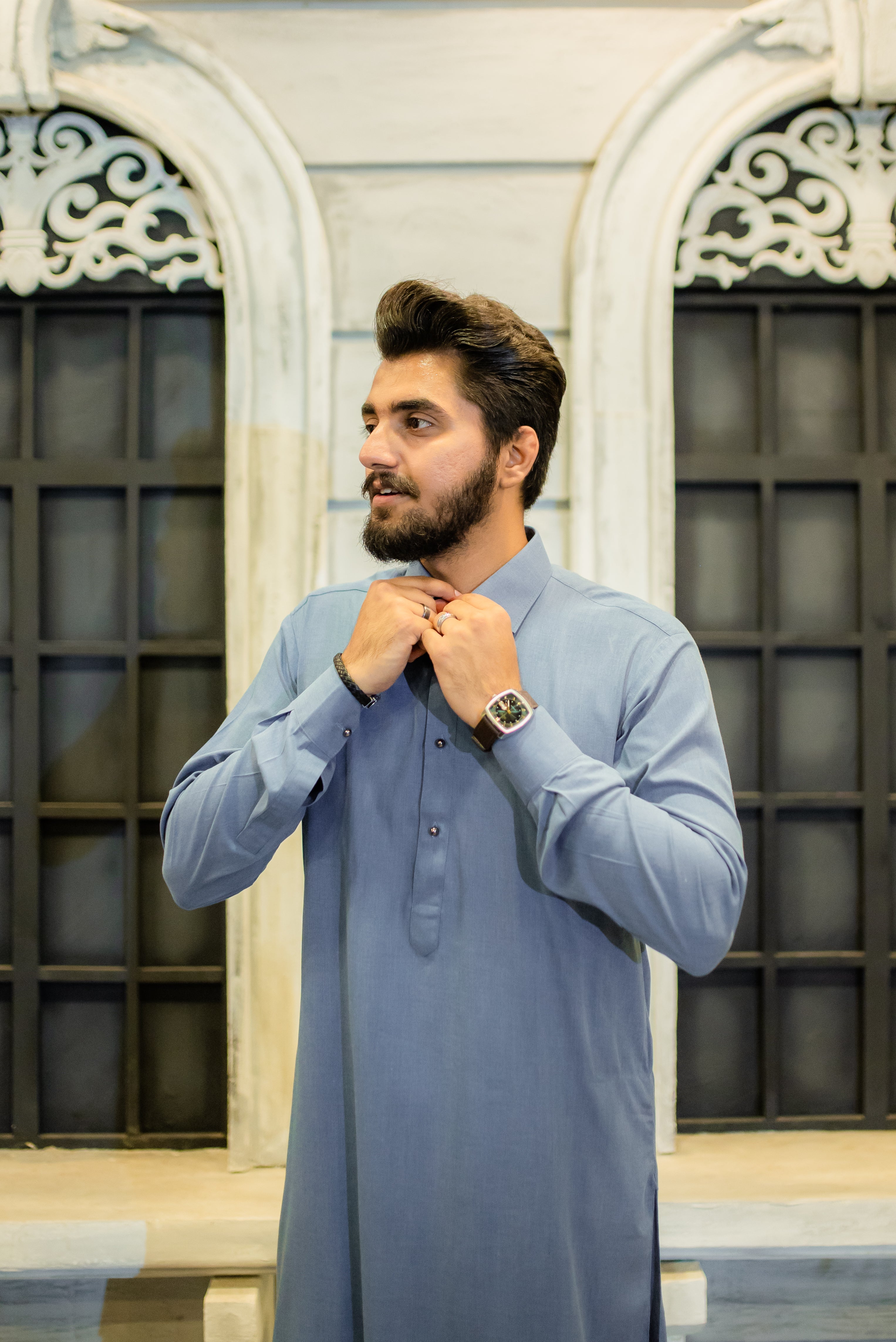 STITCHED SHALWAR WITH KAMEEZ WITH COLLAR - DENIM BLUE DN-0014