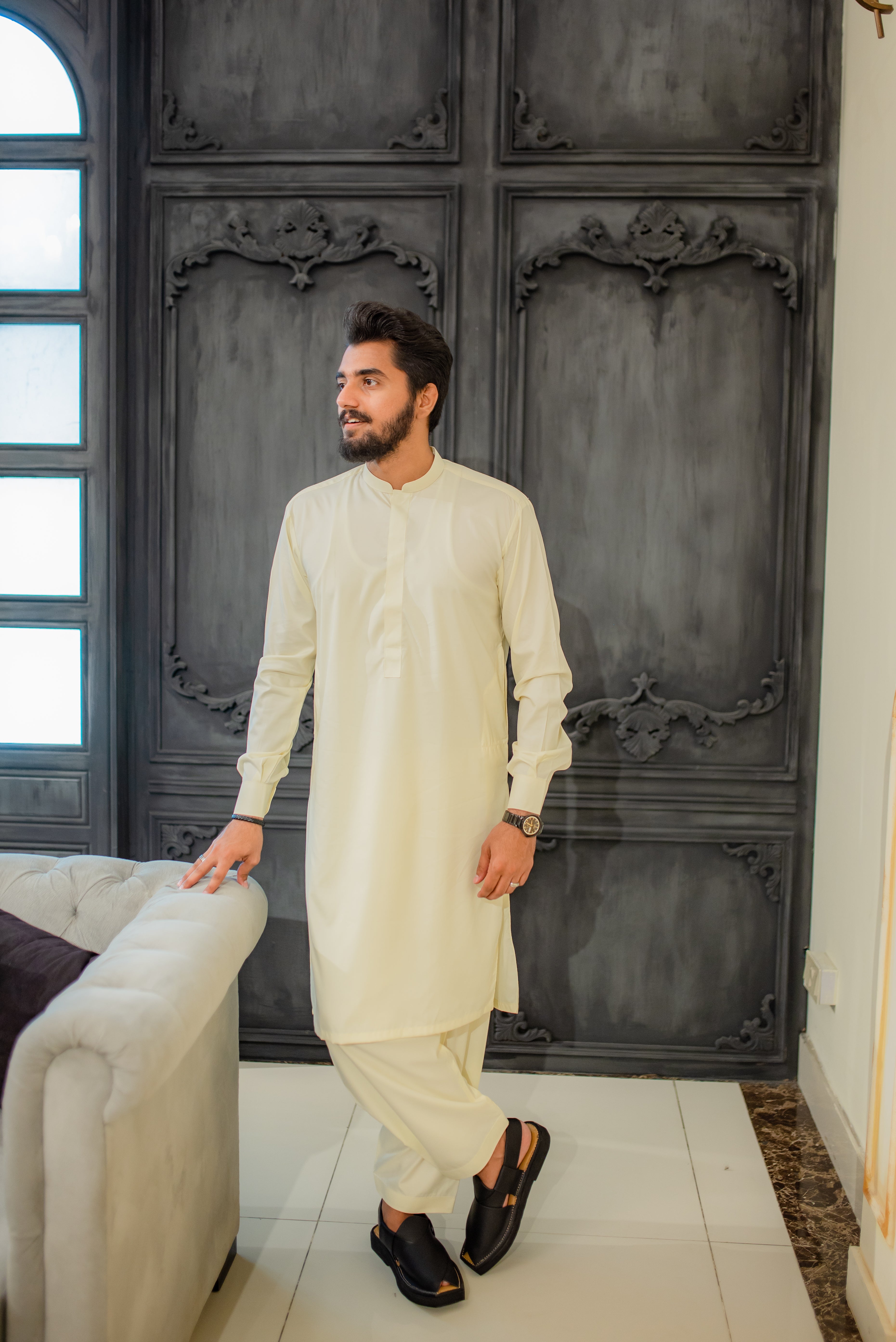 STITCHED KURTA WITH SHALWAR WITH BAN - OFF WHITE DN-005