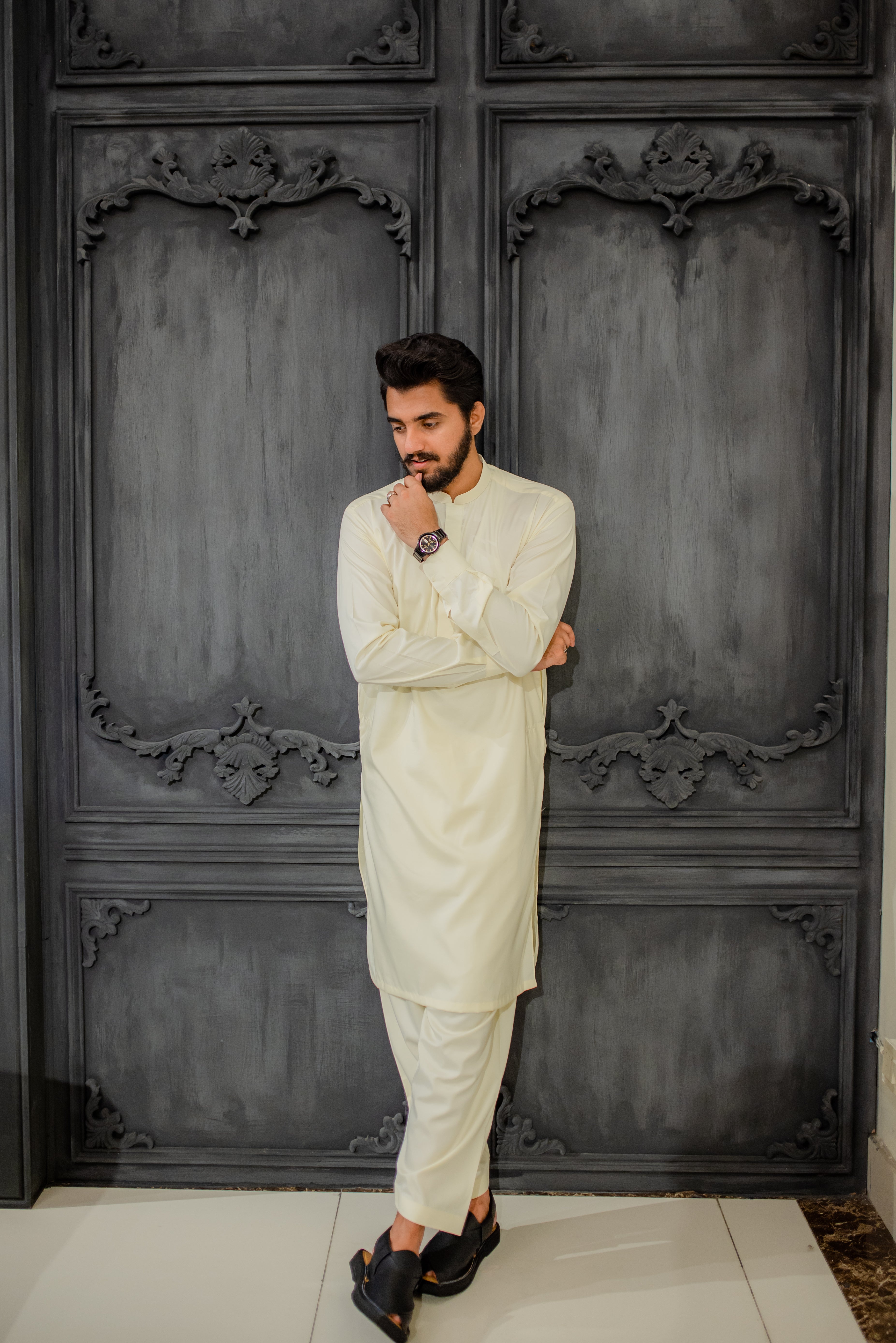 STITCHED KURTA WITH SHALWAR WITH BAN - OFF WHITE DN-005