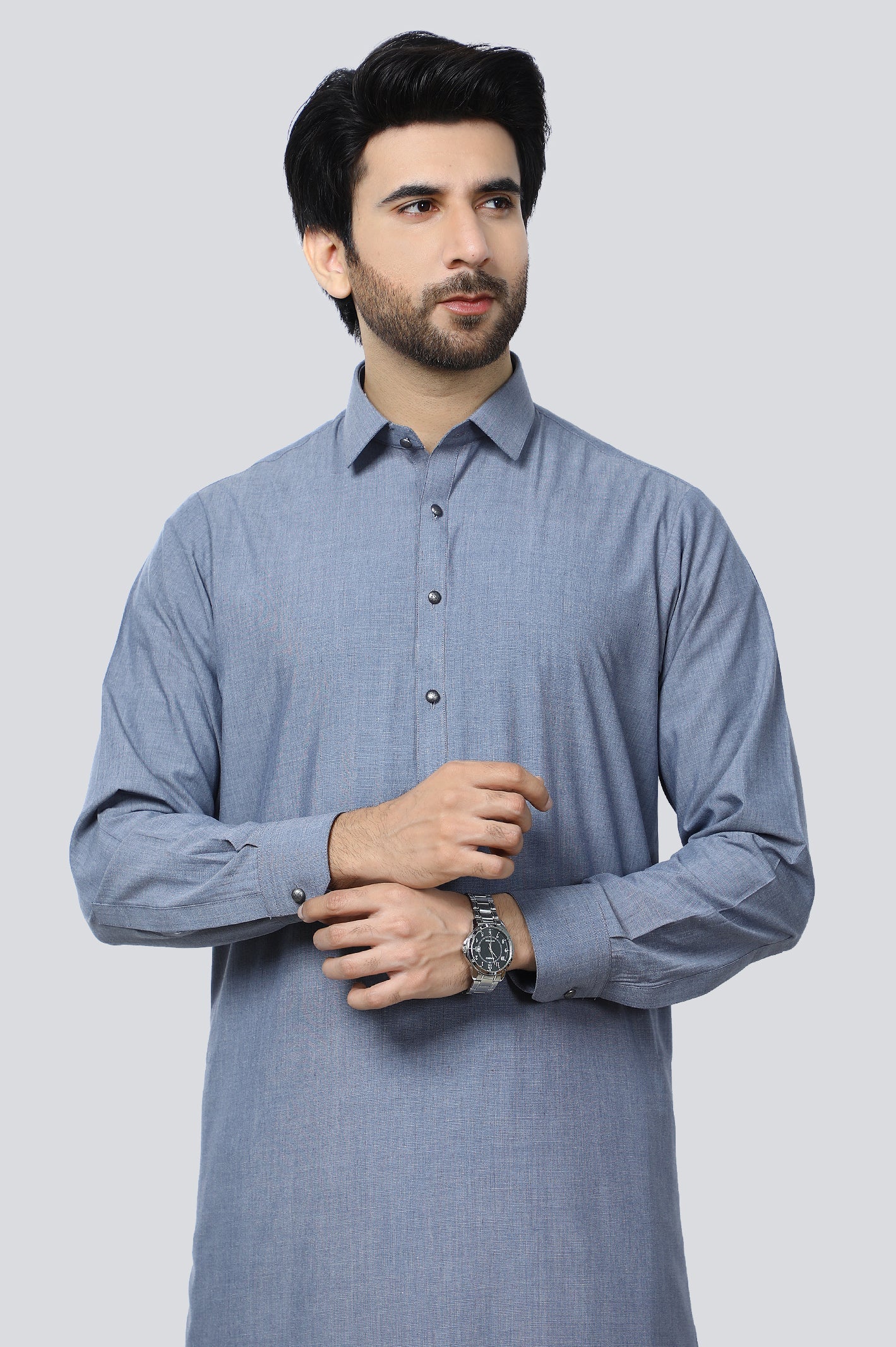 STITCHED SHALWAR WITH KAMEEZ WITH COLLAR - DENIM BLUE DN-0014