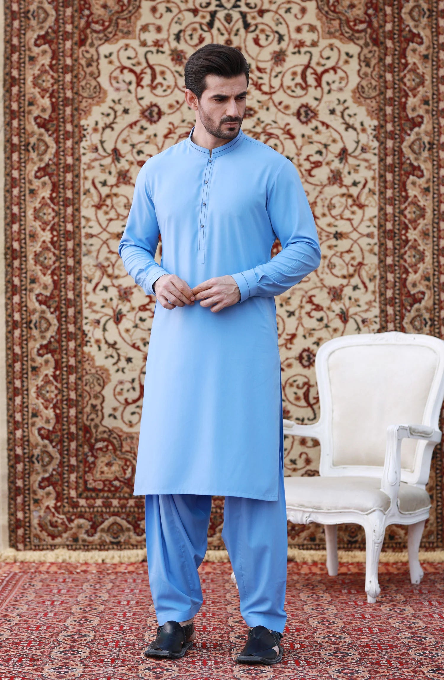 STITCHED SHALWAR WITH KAMEEZ WITH BAN - SKY BLUE DN-0011